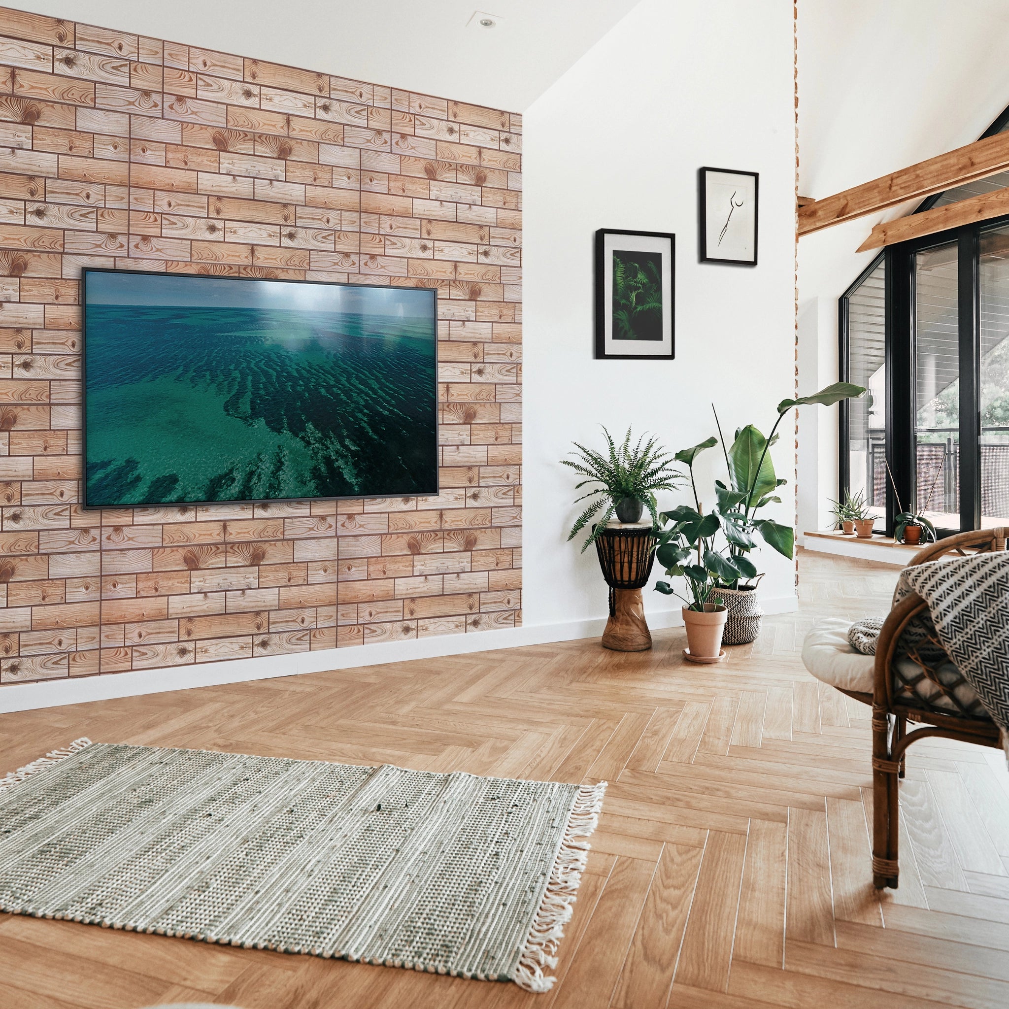 Modern living room with brown wall panel featuring geometric patterns
