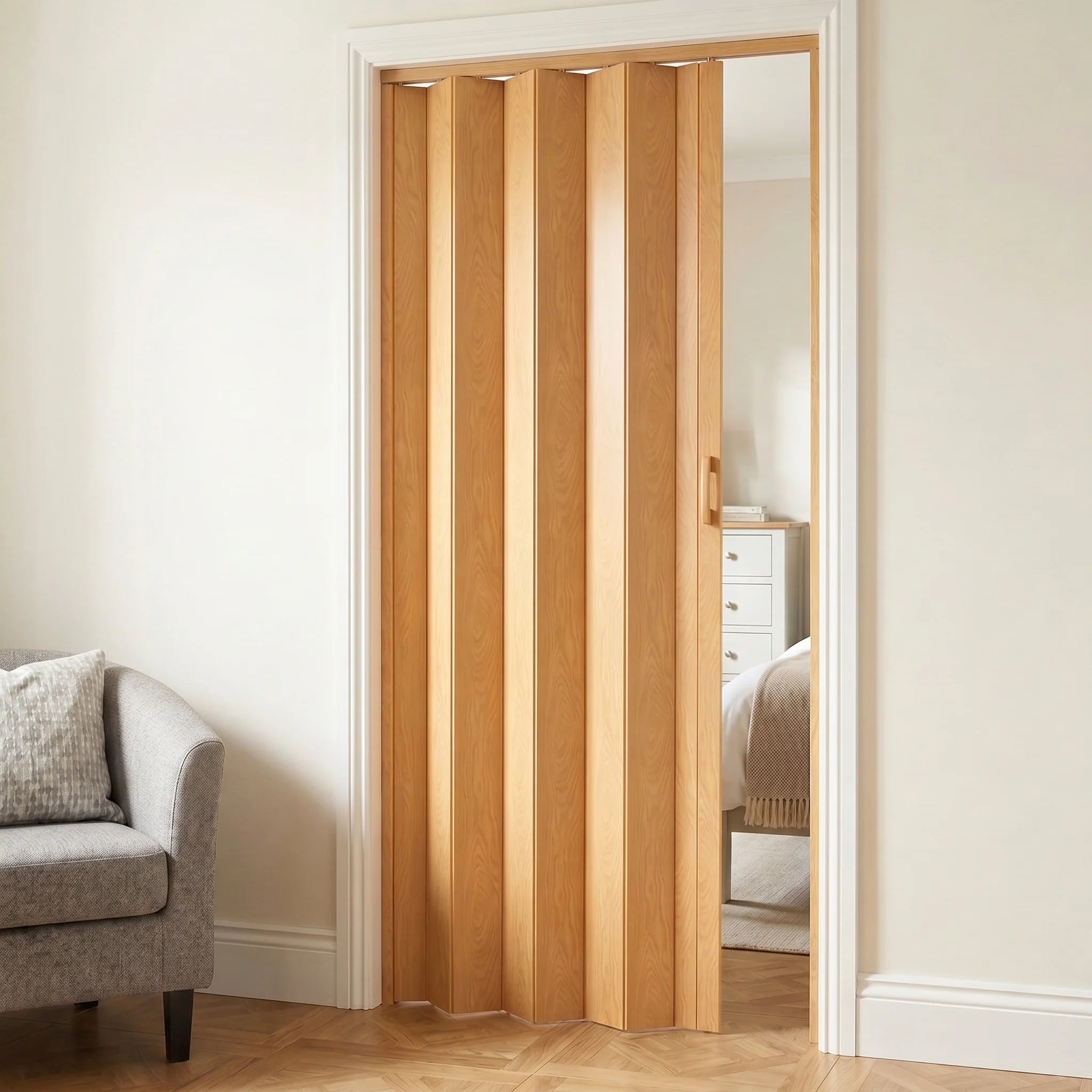 Folding door installed in bedroom doorway