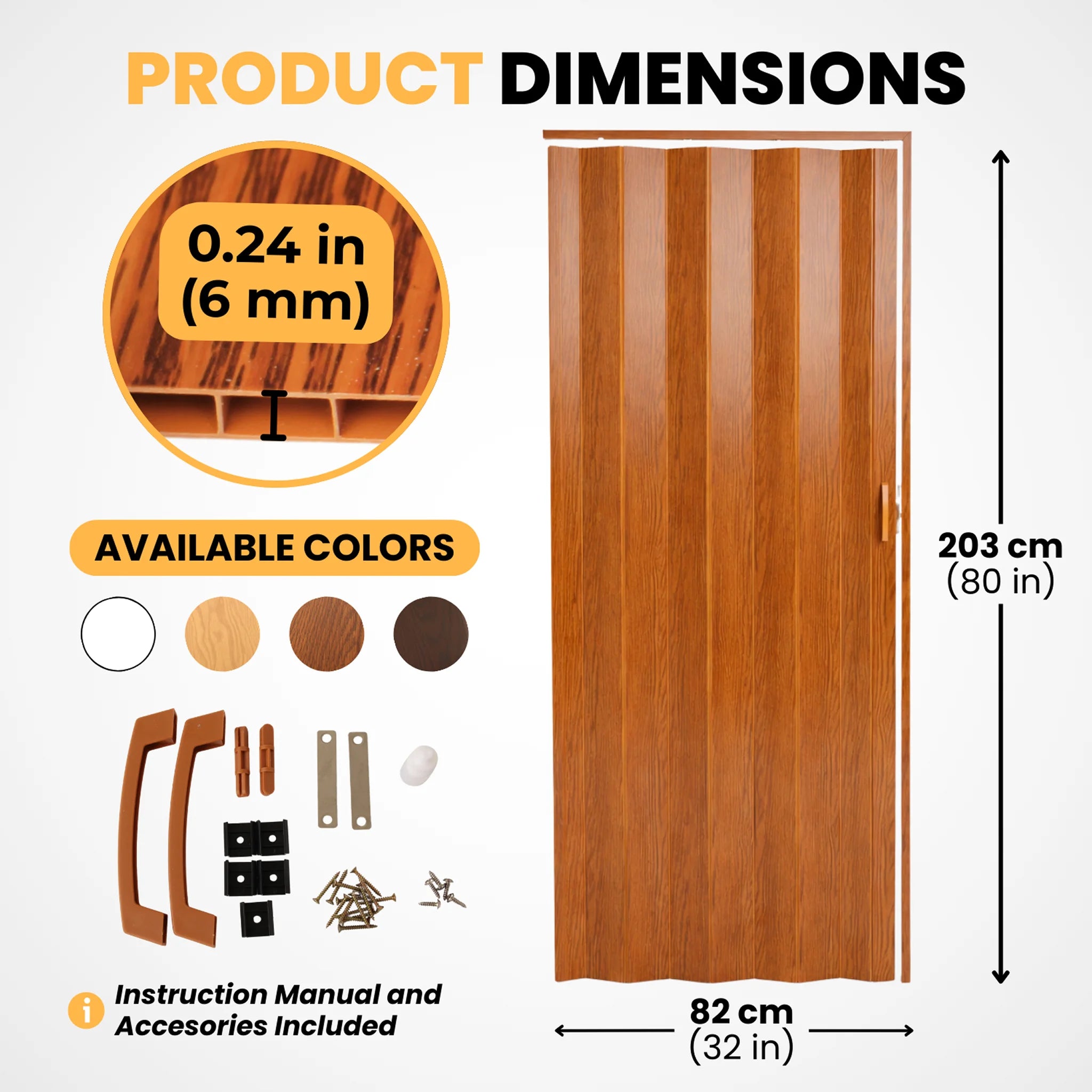 PVC folding door dimensions and accessories