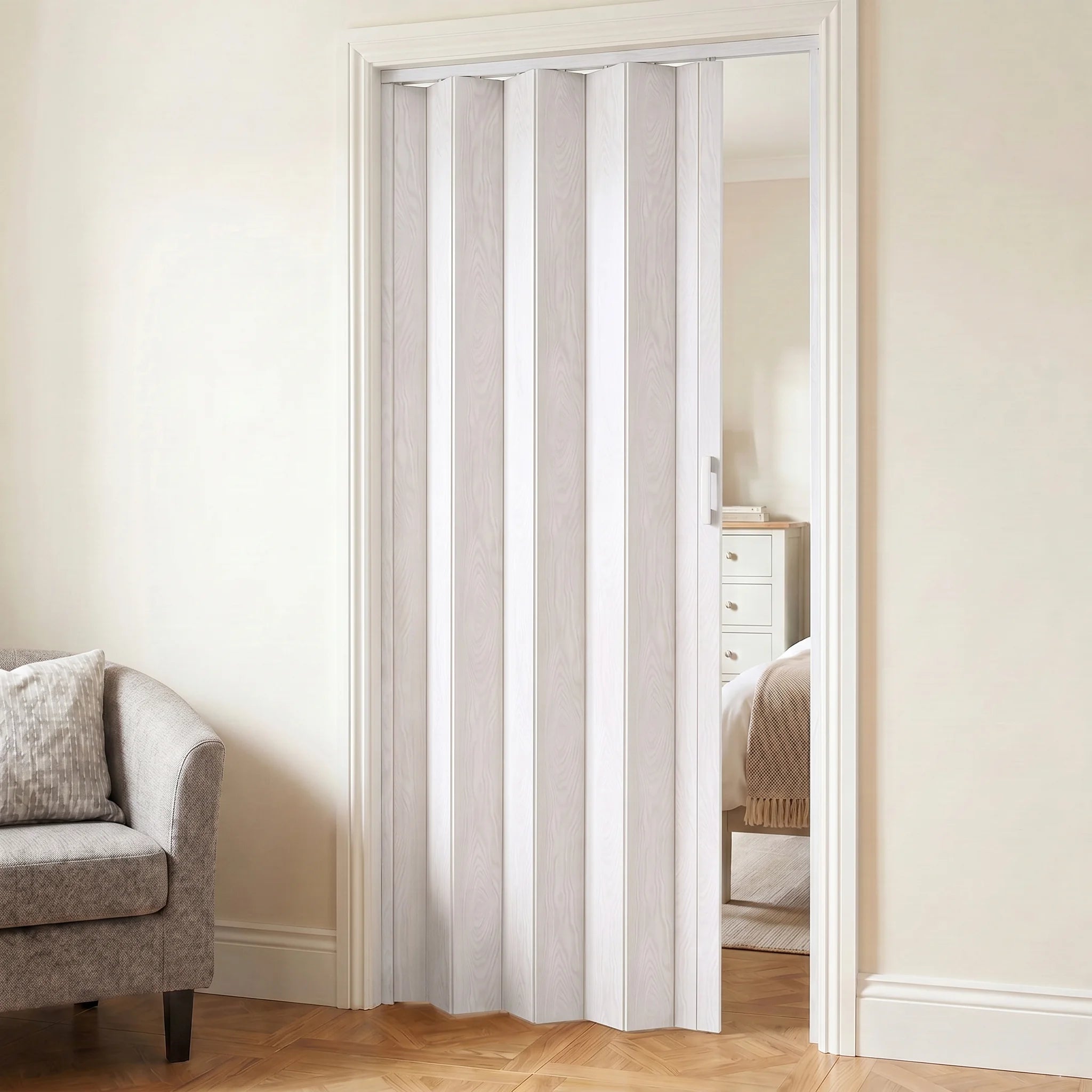 Folding door installed in bedroom doorway