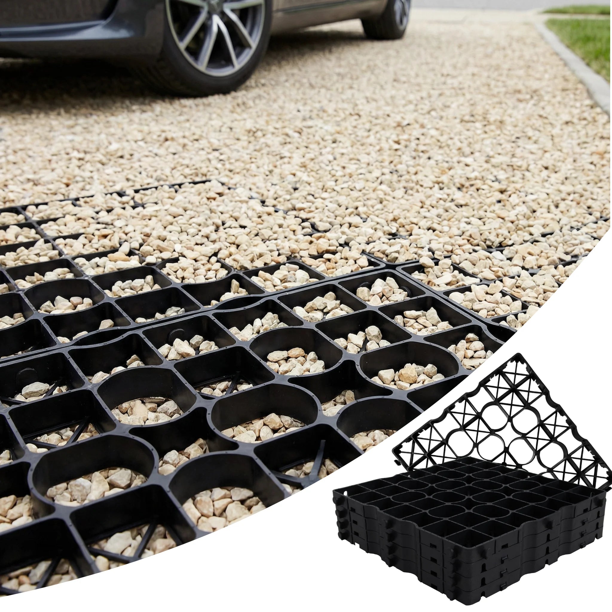 Driveway grids with gravel under parked car