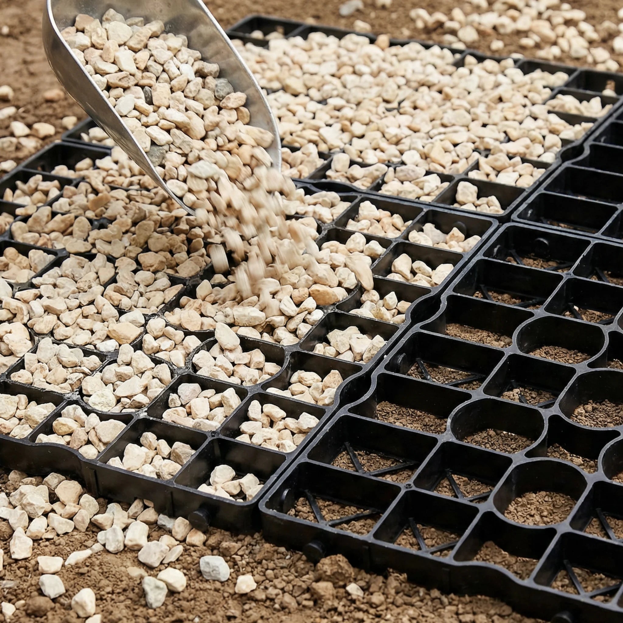 Filling low design gravel grids with white stone