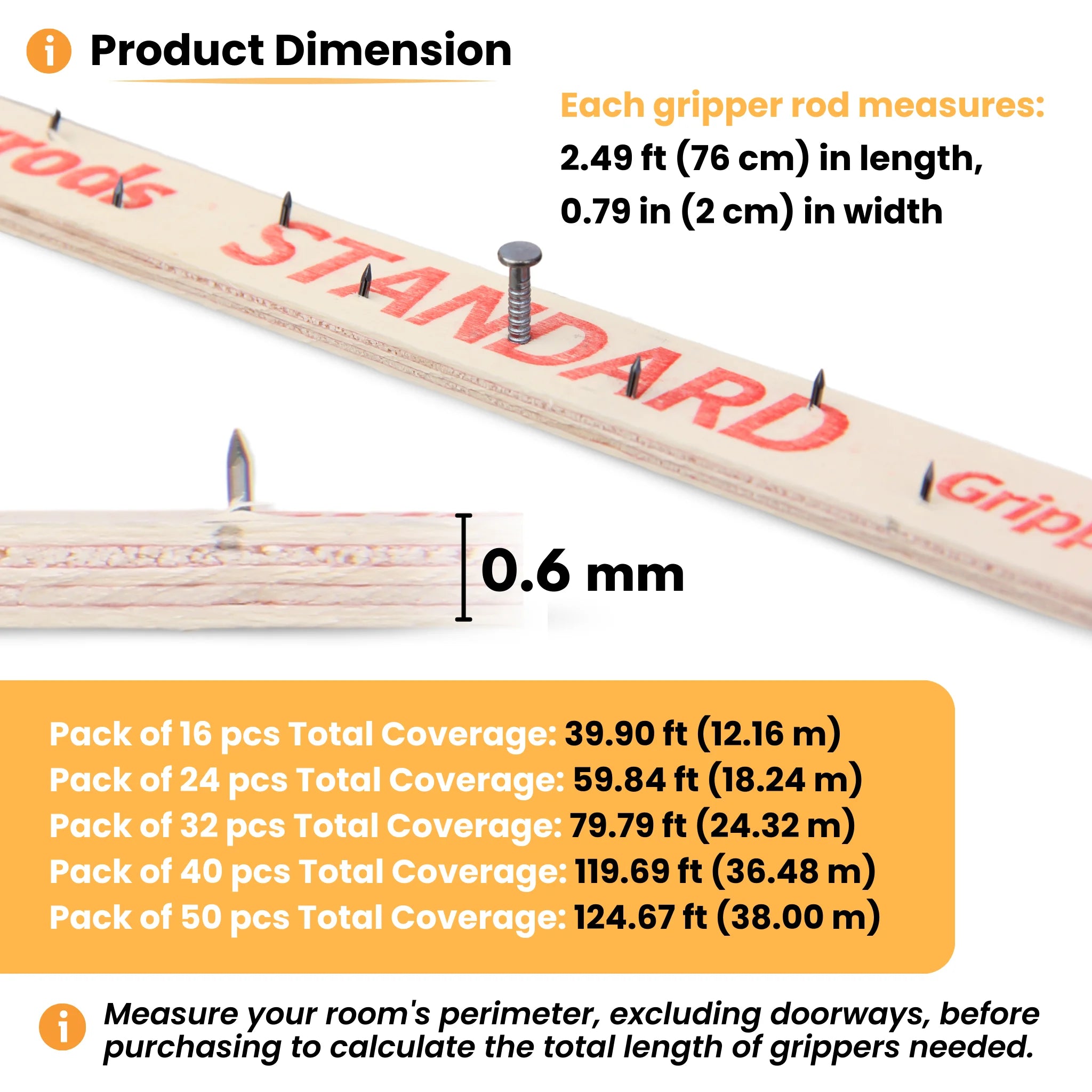Carpet gripper rods dimensions and pack sizes