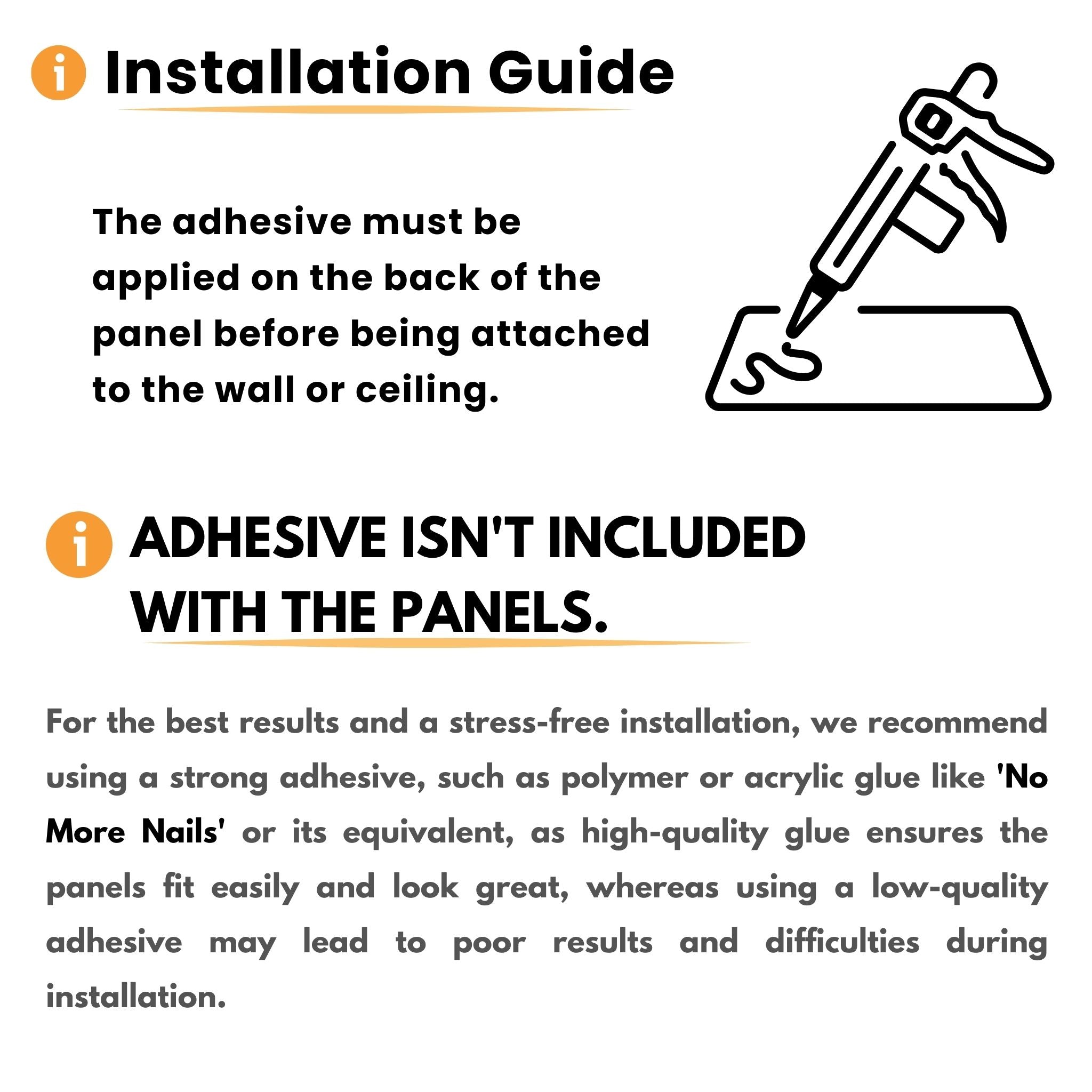 Adhesive guide for PVC wall panels, 24-hour drying time