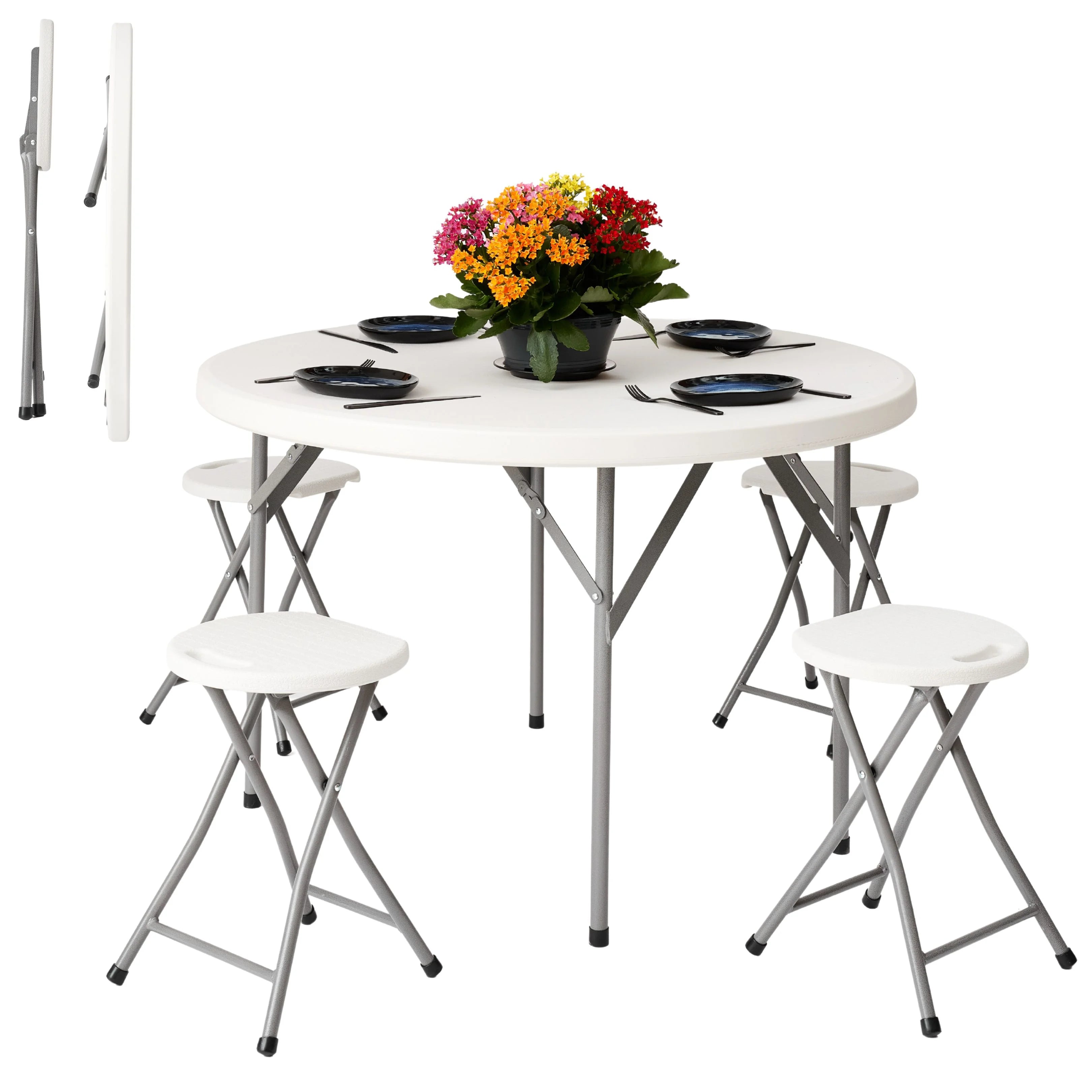 white round folding table and stool shown open and folded