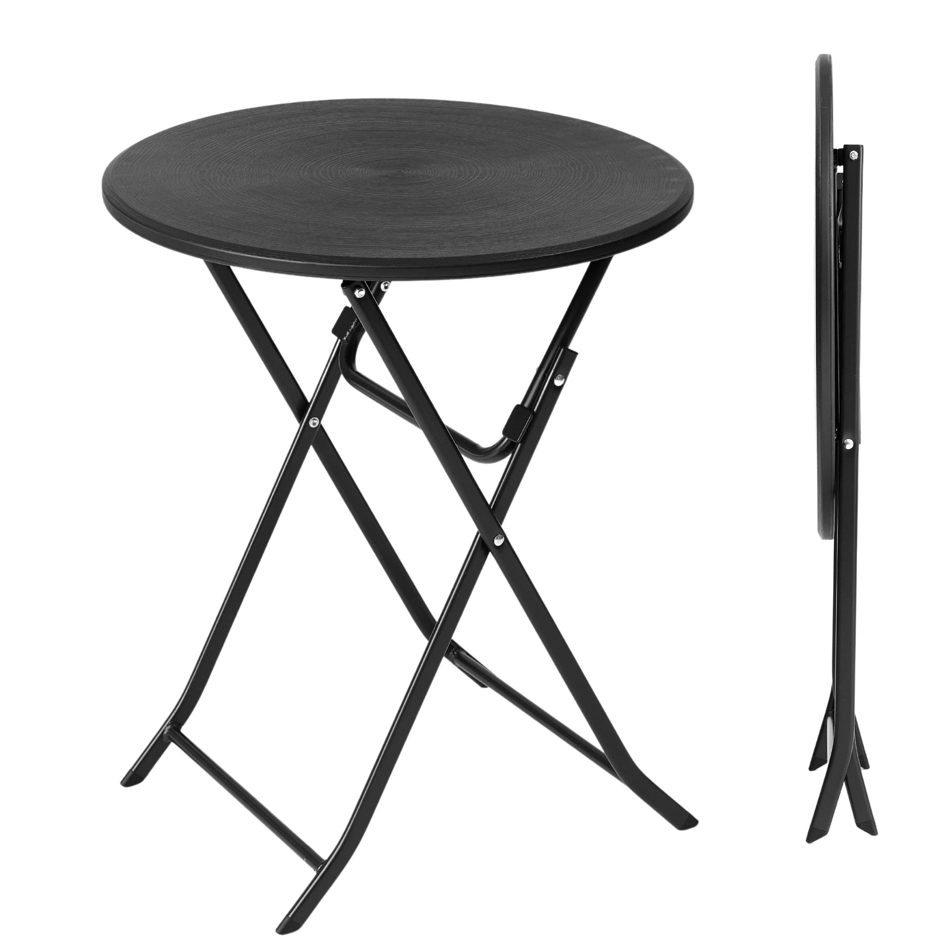 black round folding table shown open and folded