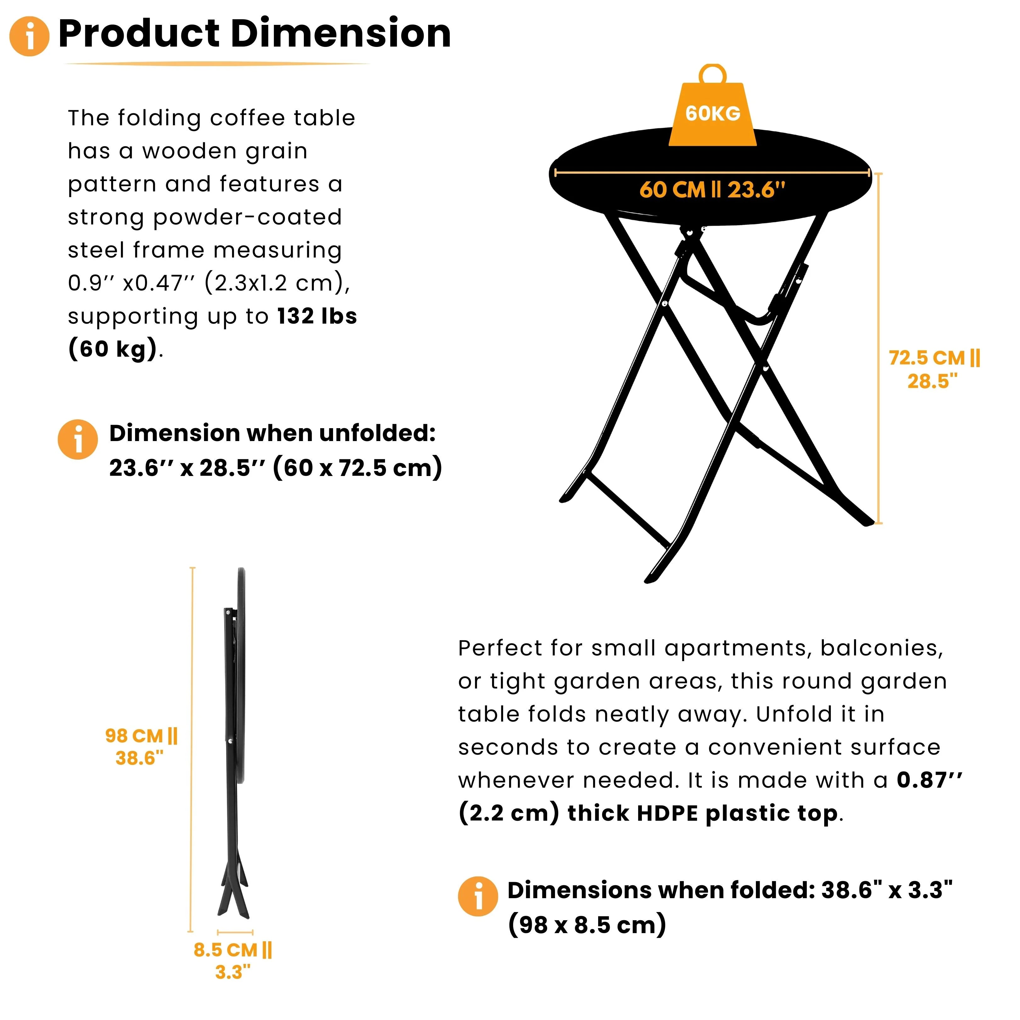 product dimensions of black round folding table displayed