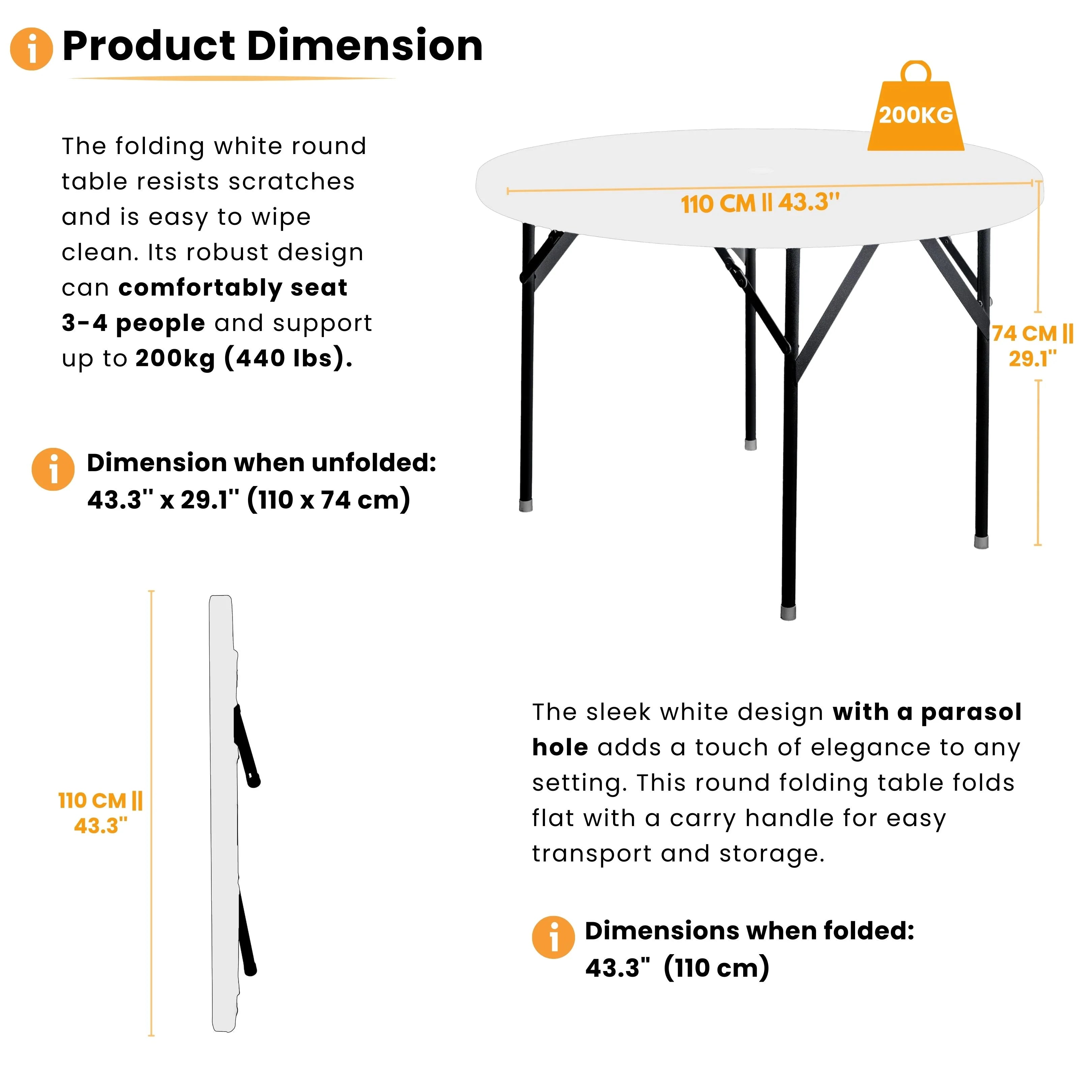 product dimensions of white round folding table displayed