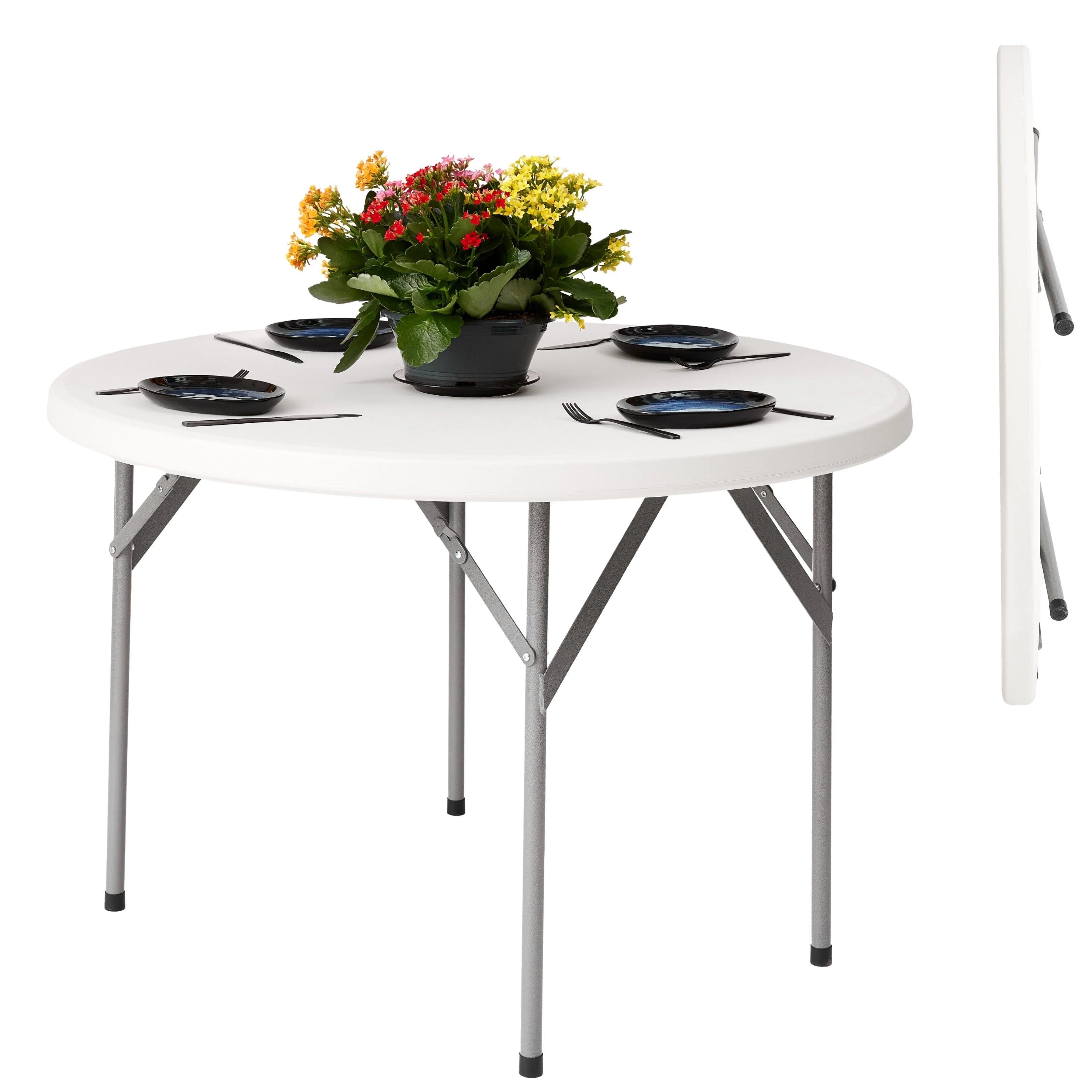 white round folding table shown open and folded