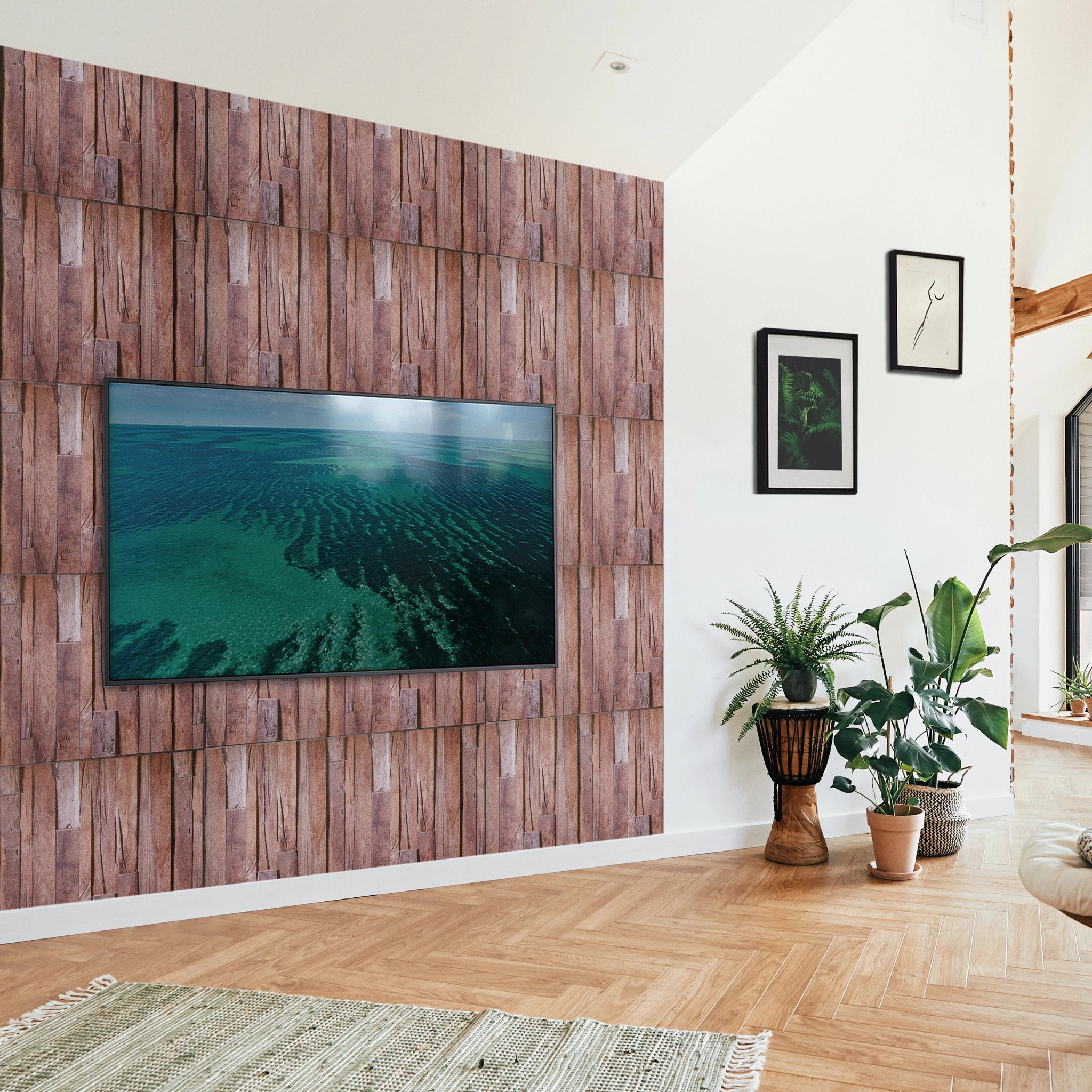 Modern living room with brown wall panel featuring geometric patterns