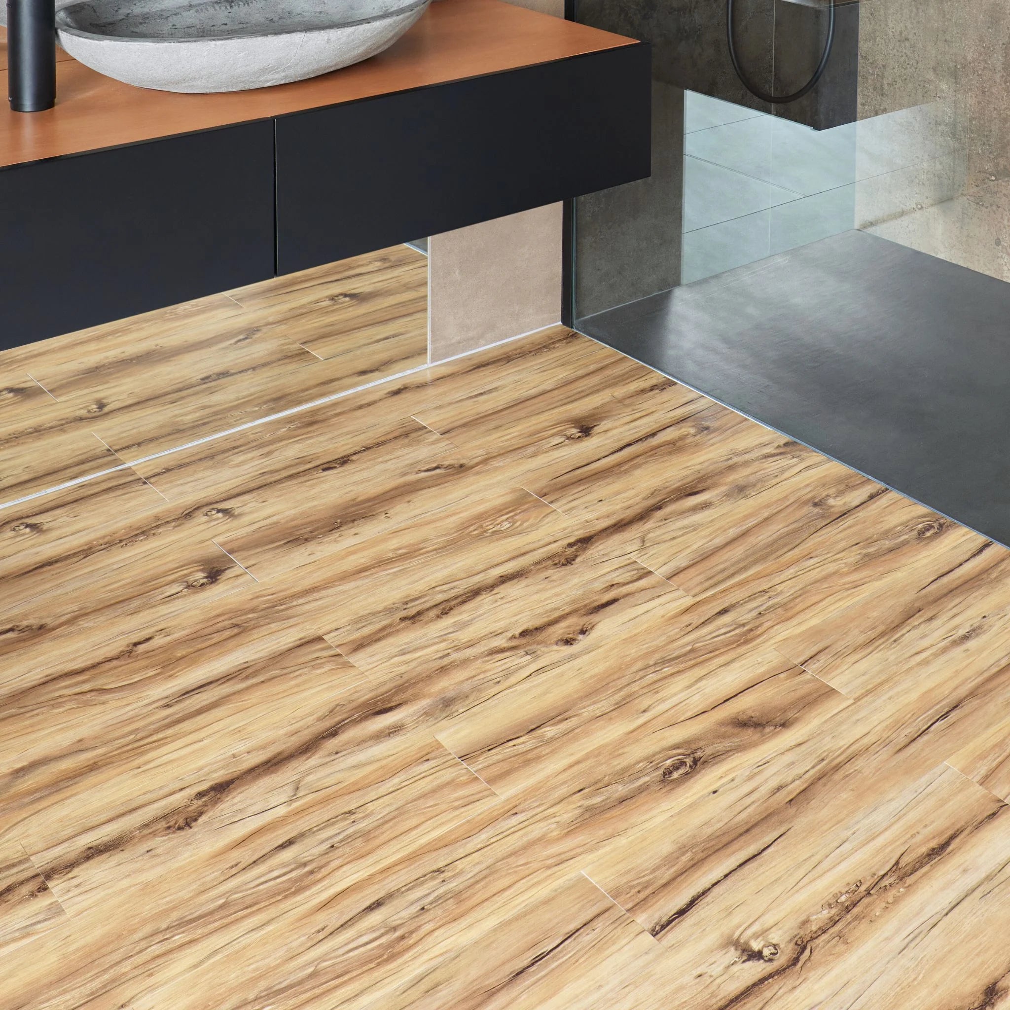 Natural vinyl wooden flooring in a modern bathroom setting