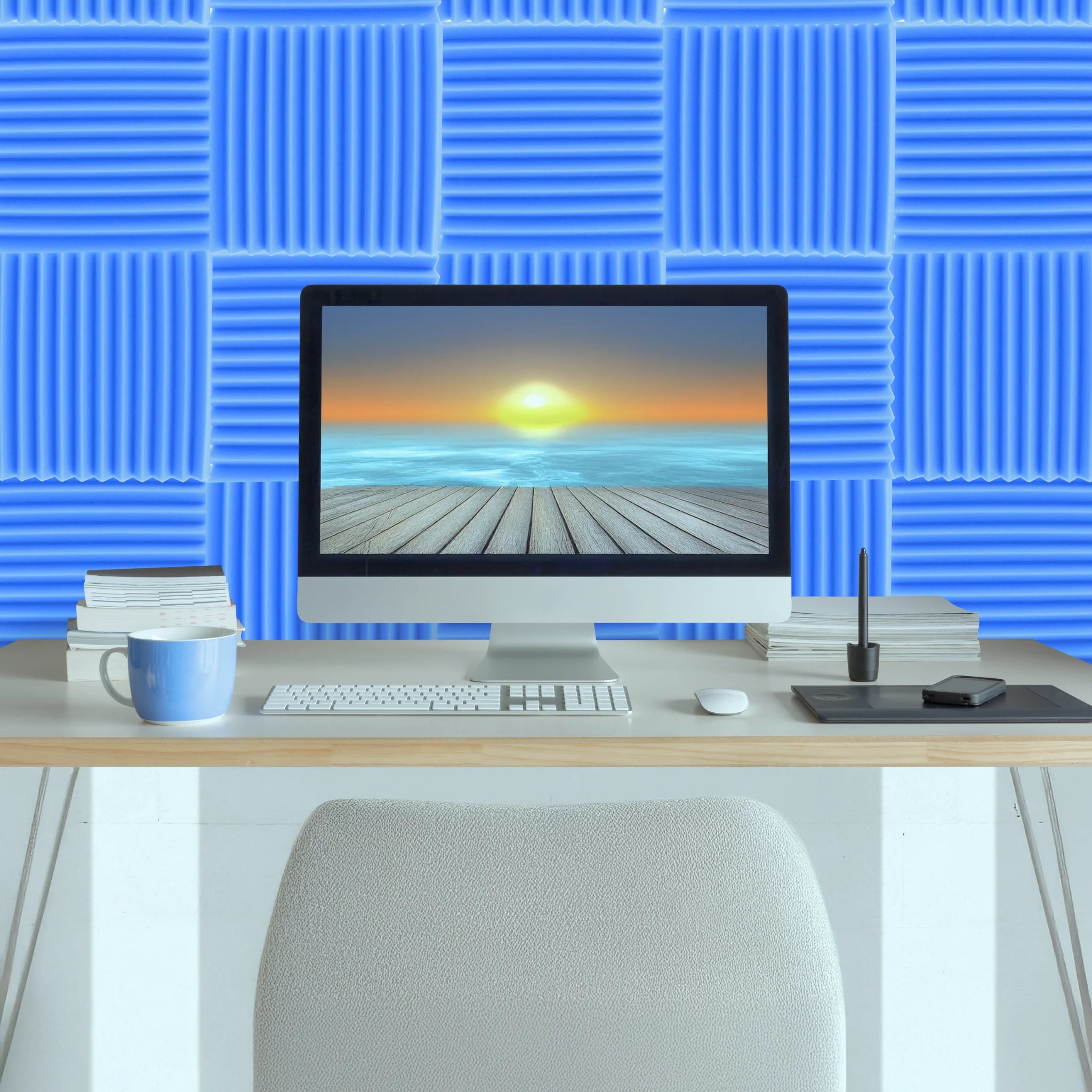 Blue acoustic wall panels enhancing the TV room's sound quality