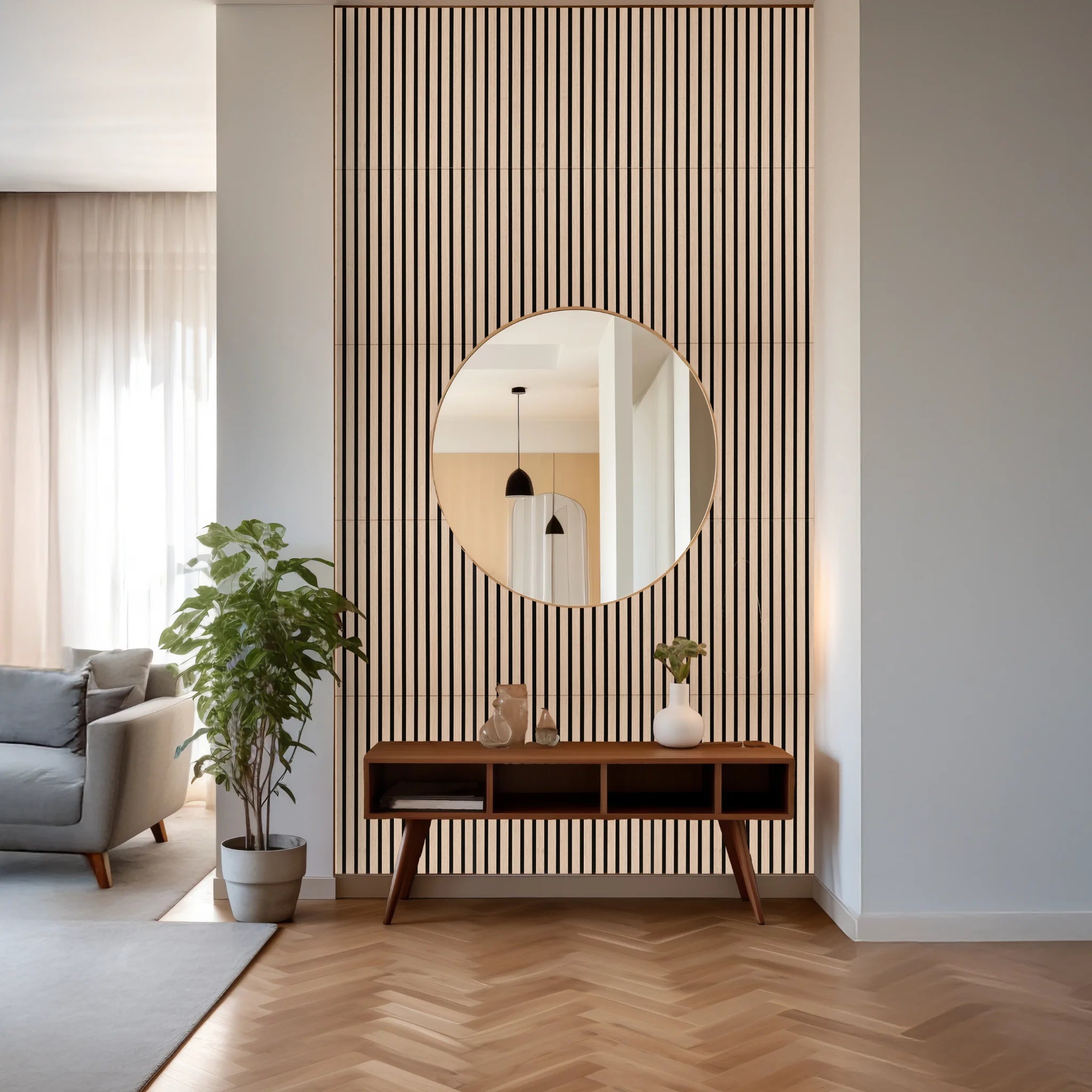 Wood slat wall panells with mirror and console table