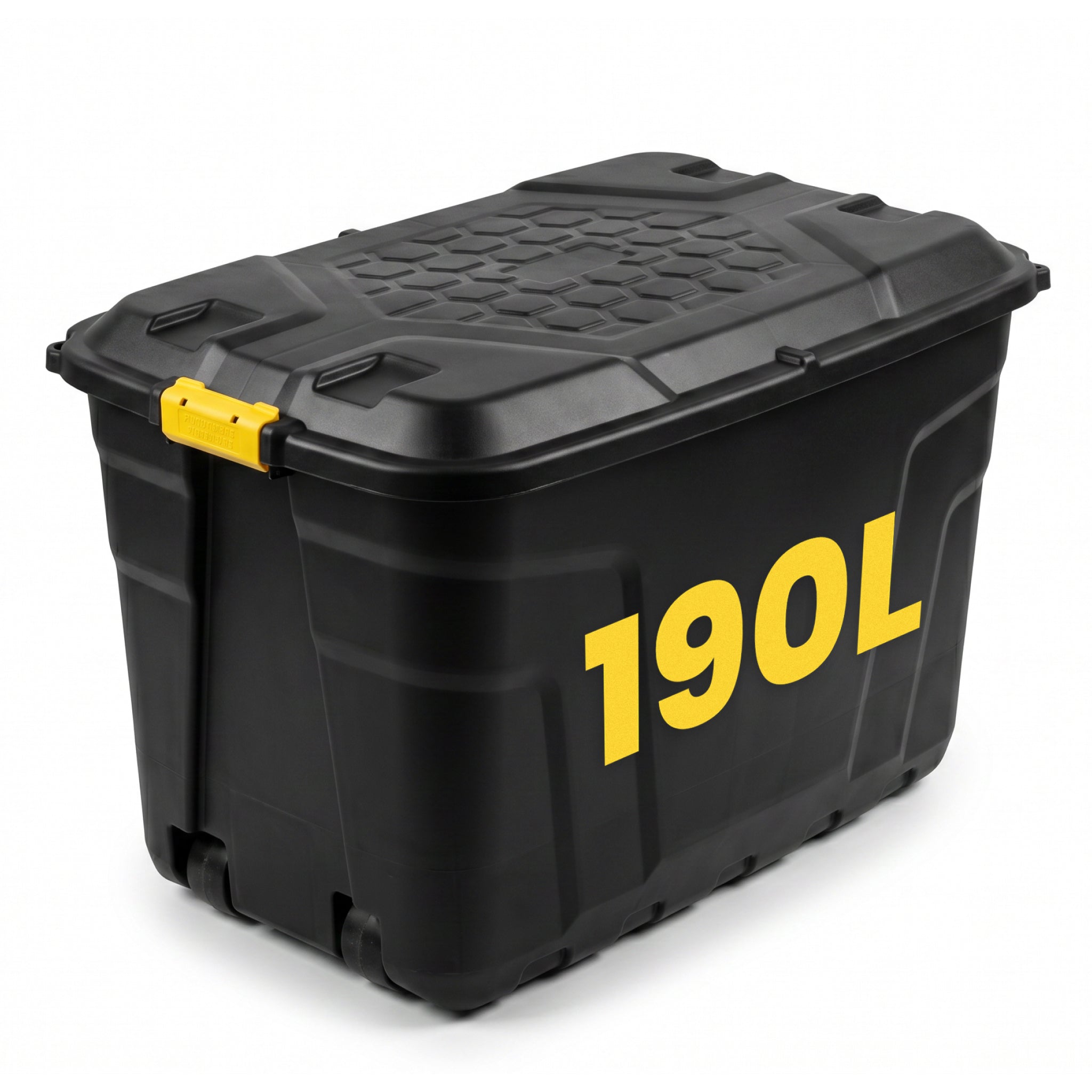 Black 190L storage box with yellow latch