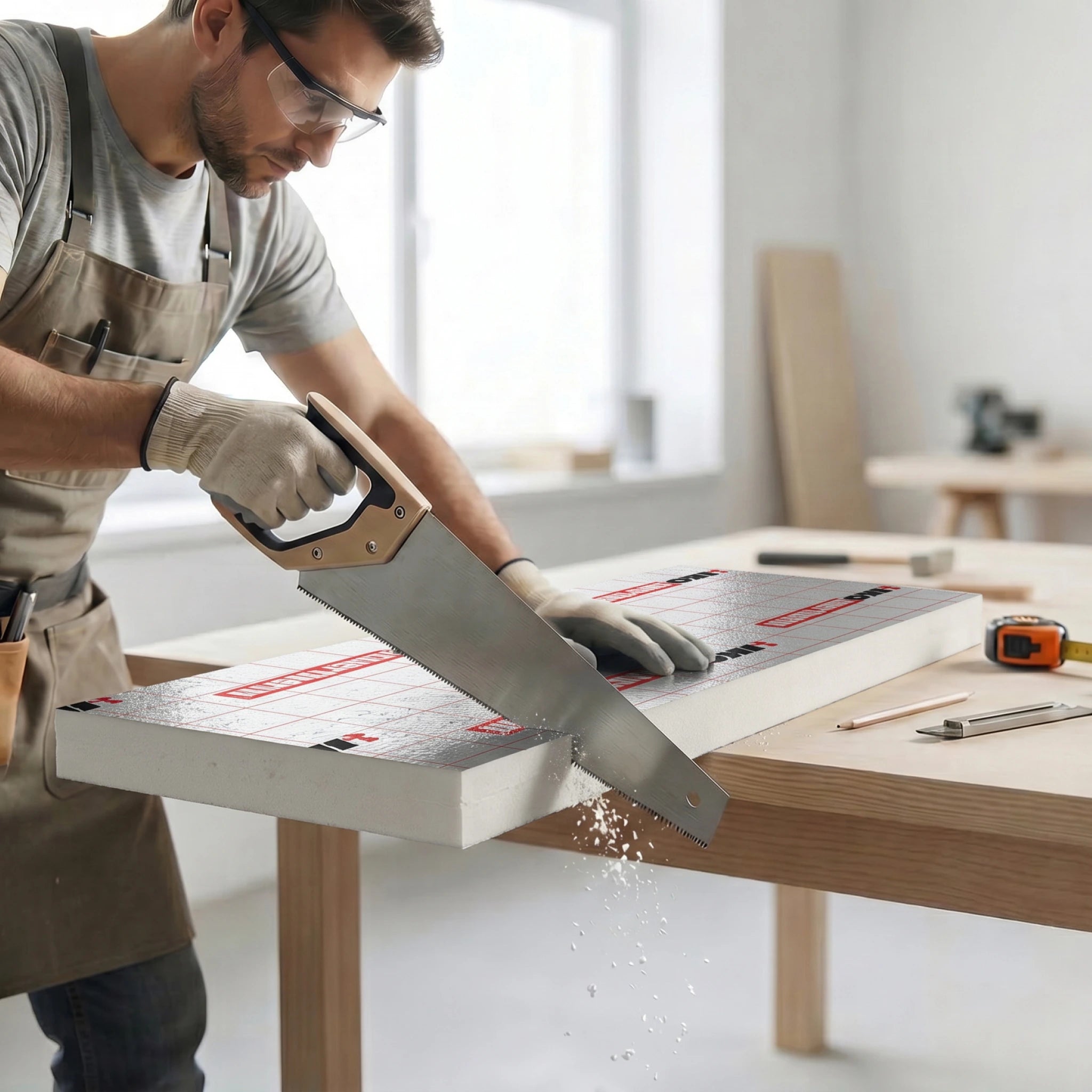 Worker cutting PIR board with hand saw