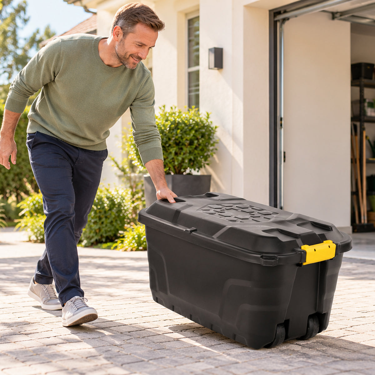 Man rolling plastic storage box outdoors
