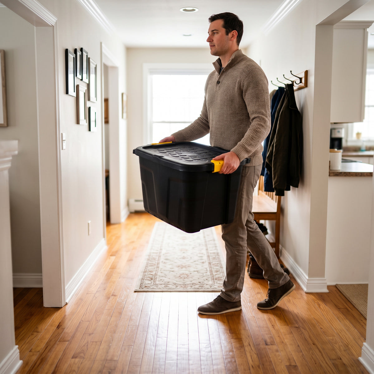 Man carrying plastic storage box with lid