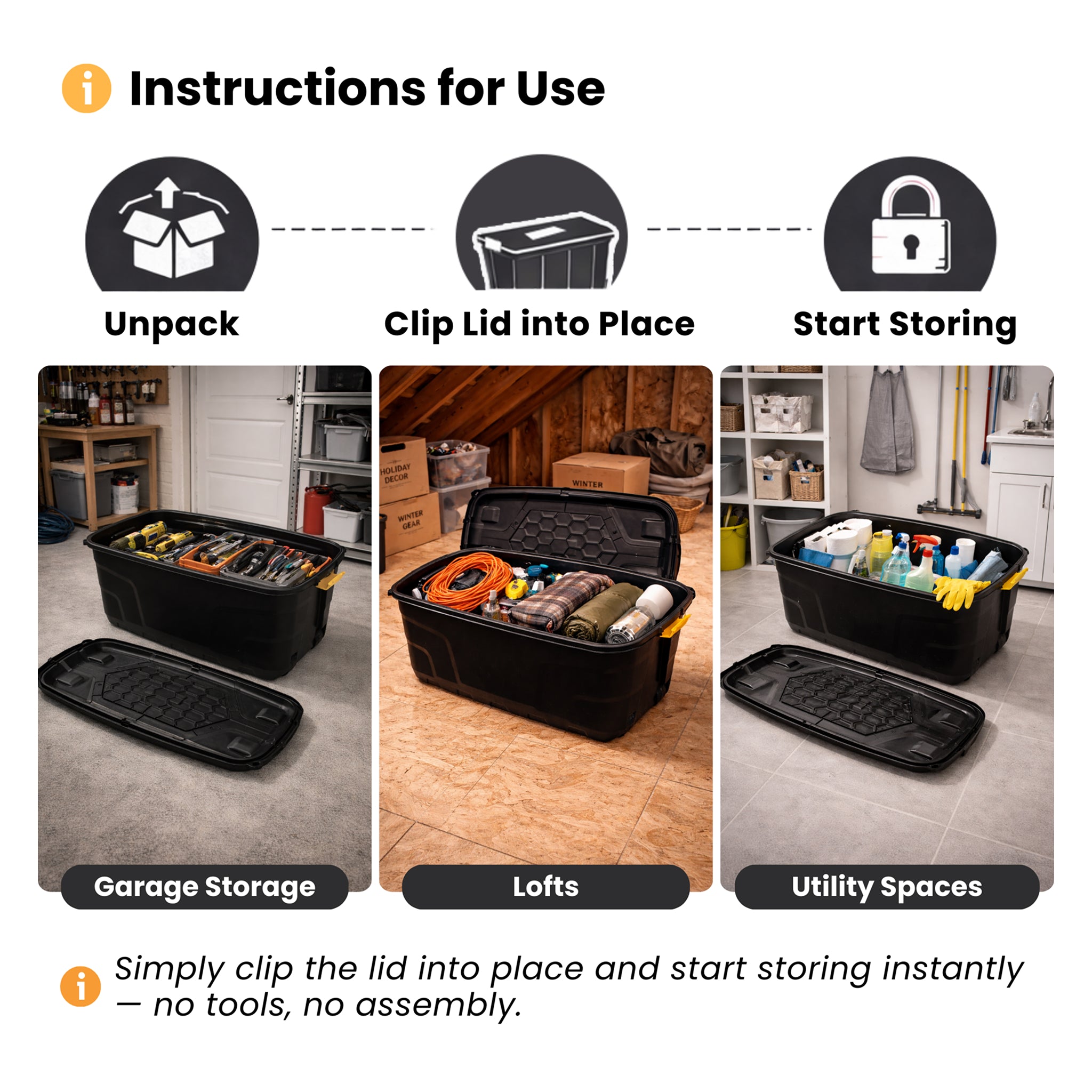 Storage box use steps and room examples