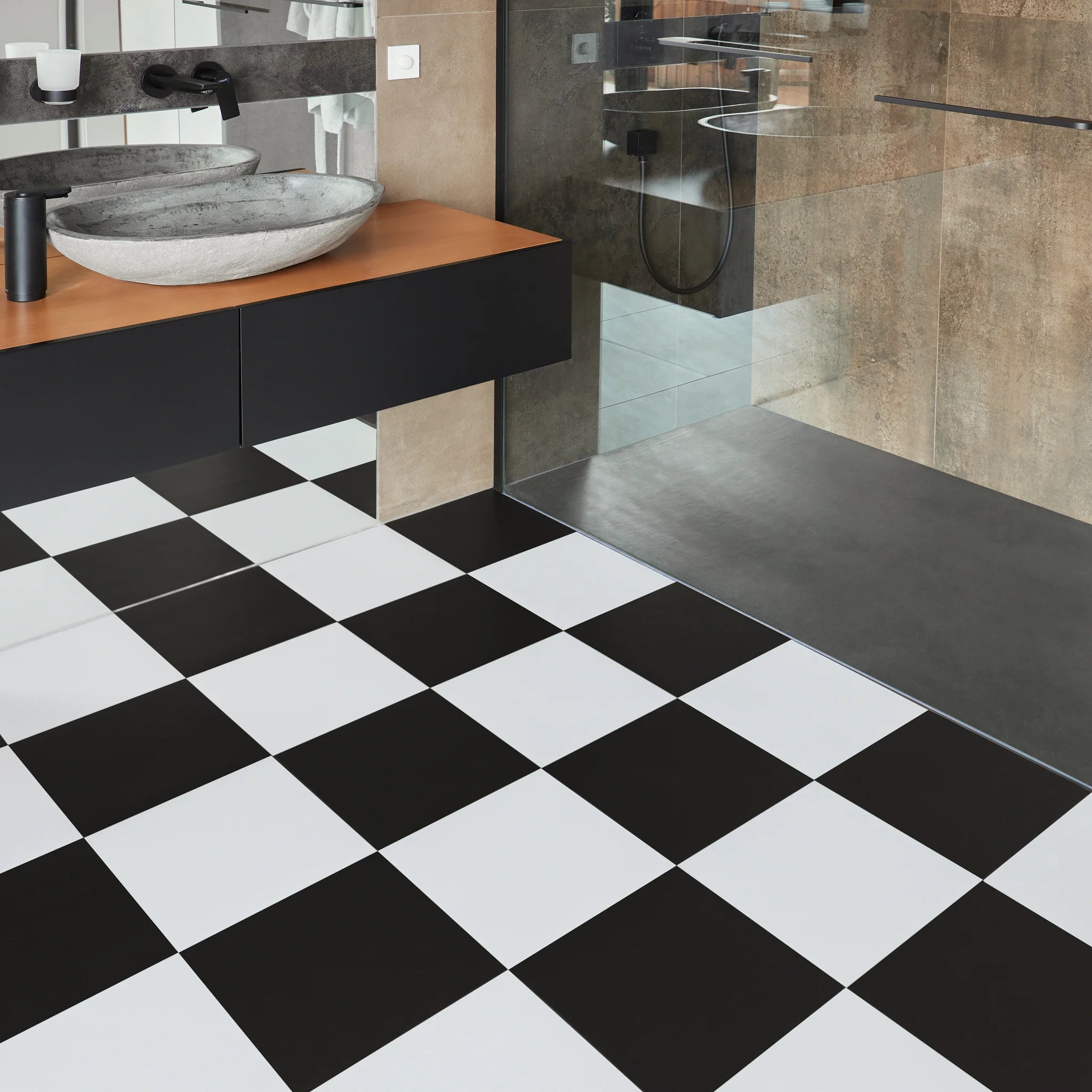 Self adhesive floor tiles in checkerboard bathroom