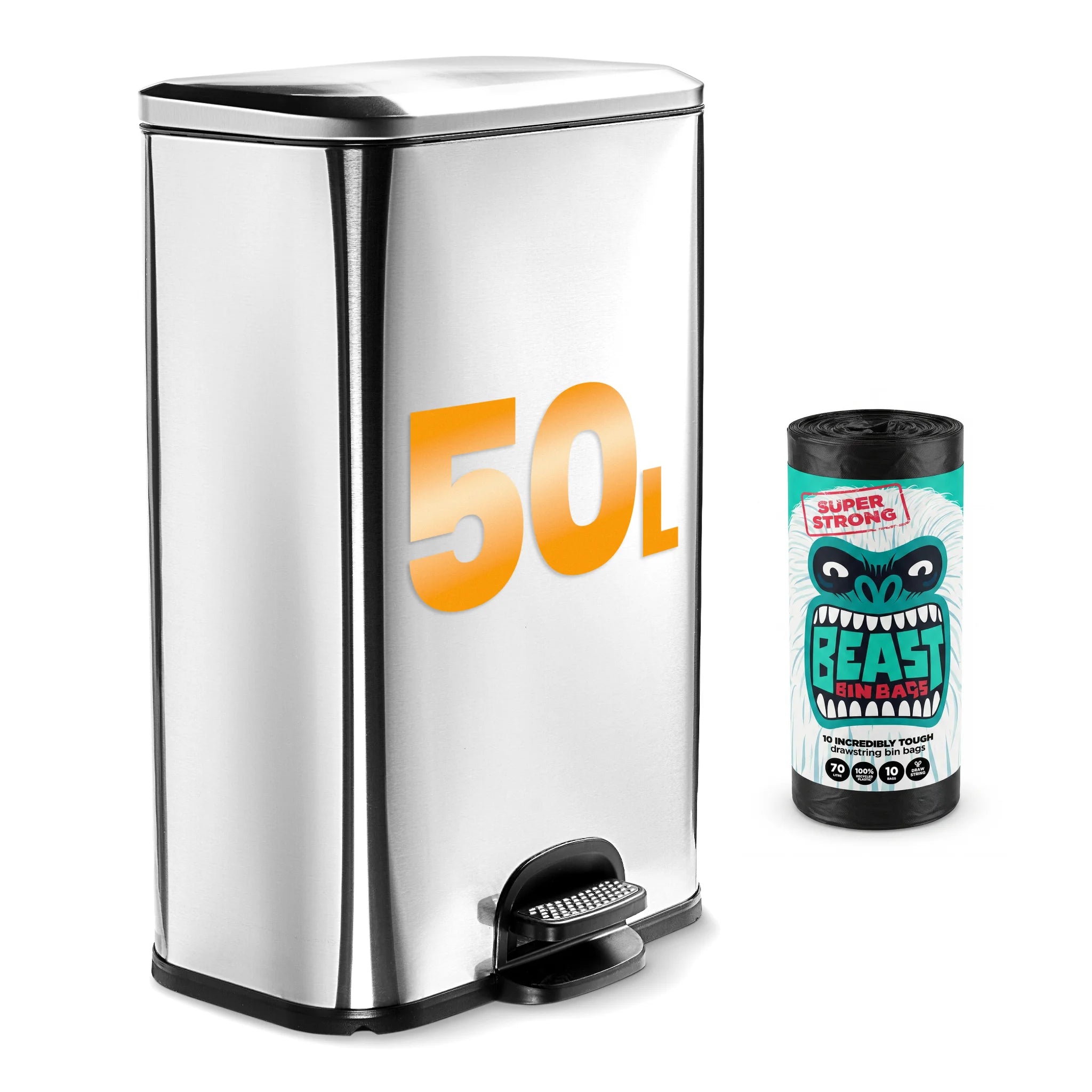 50L stainless steel kitchen pedal bin with lid and foot pedal for hands-free rubbish disposal