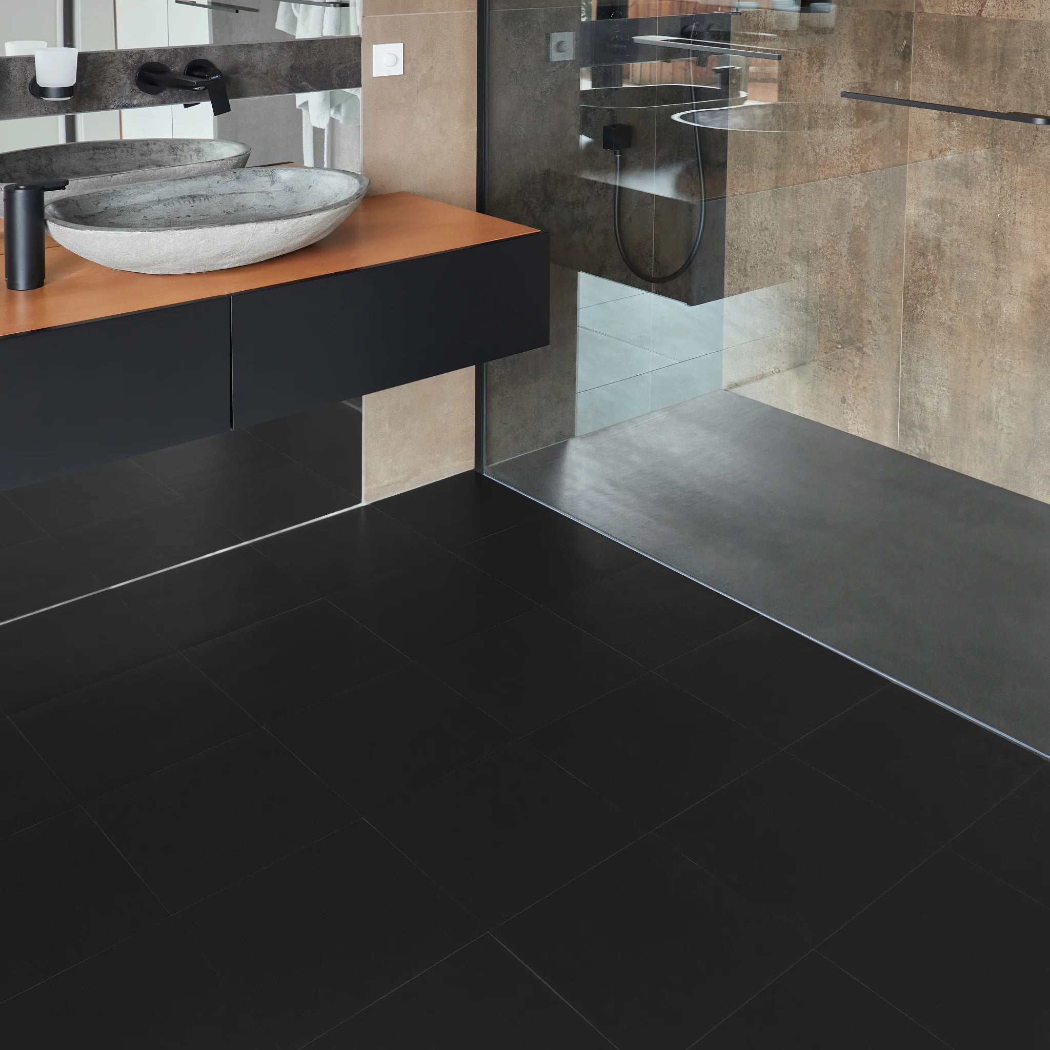 Self adhesive floor tile in modern bathroom