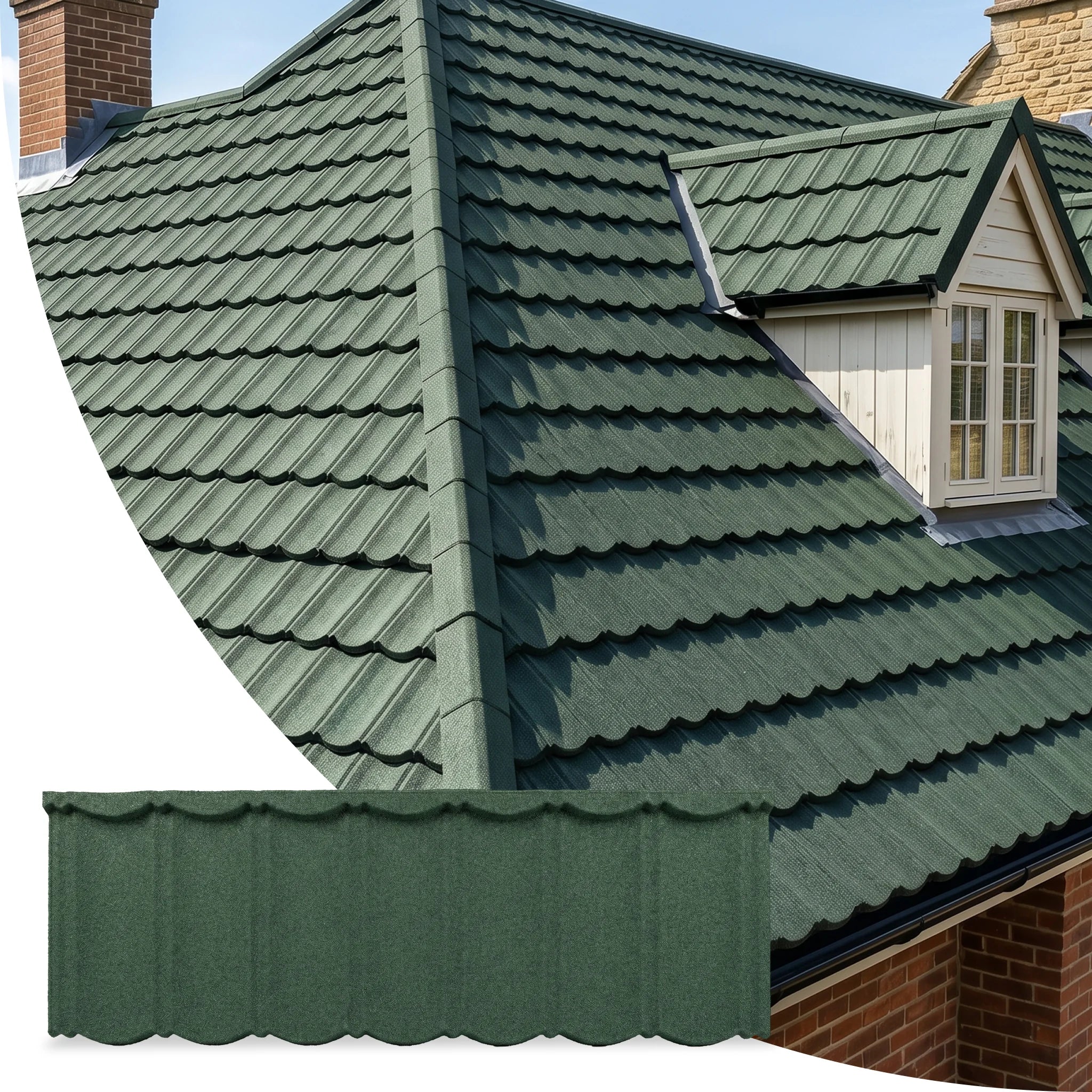 Green metal roof shingles on UK home