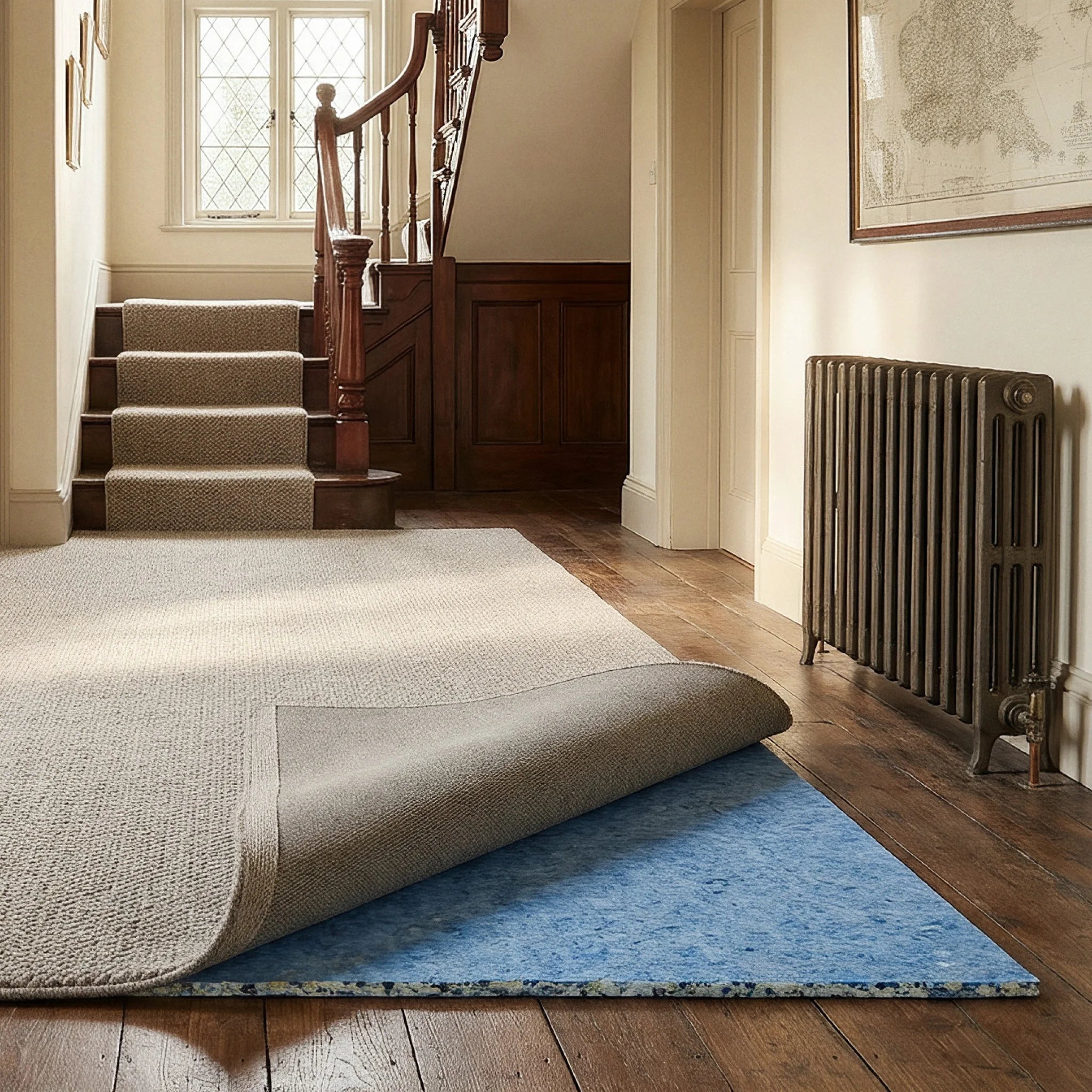 Carpet folded back over blue floor underlay