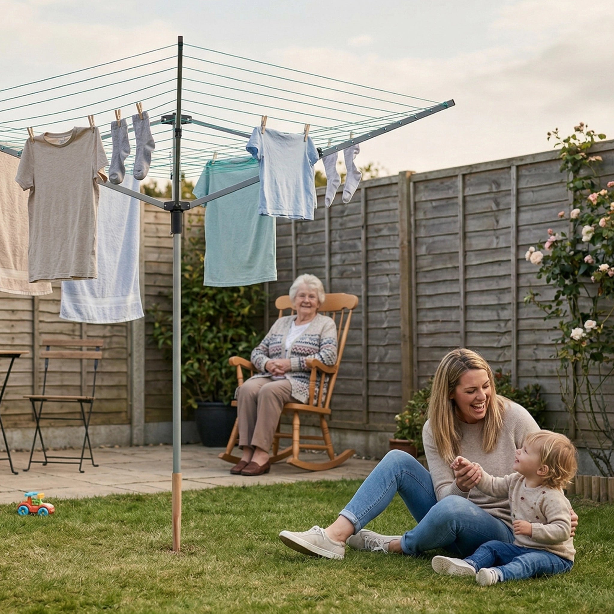 family in garden with washing line and child playing