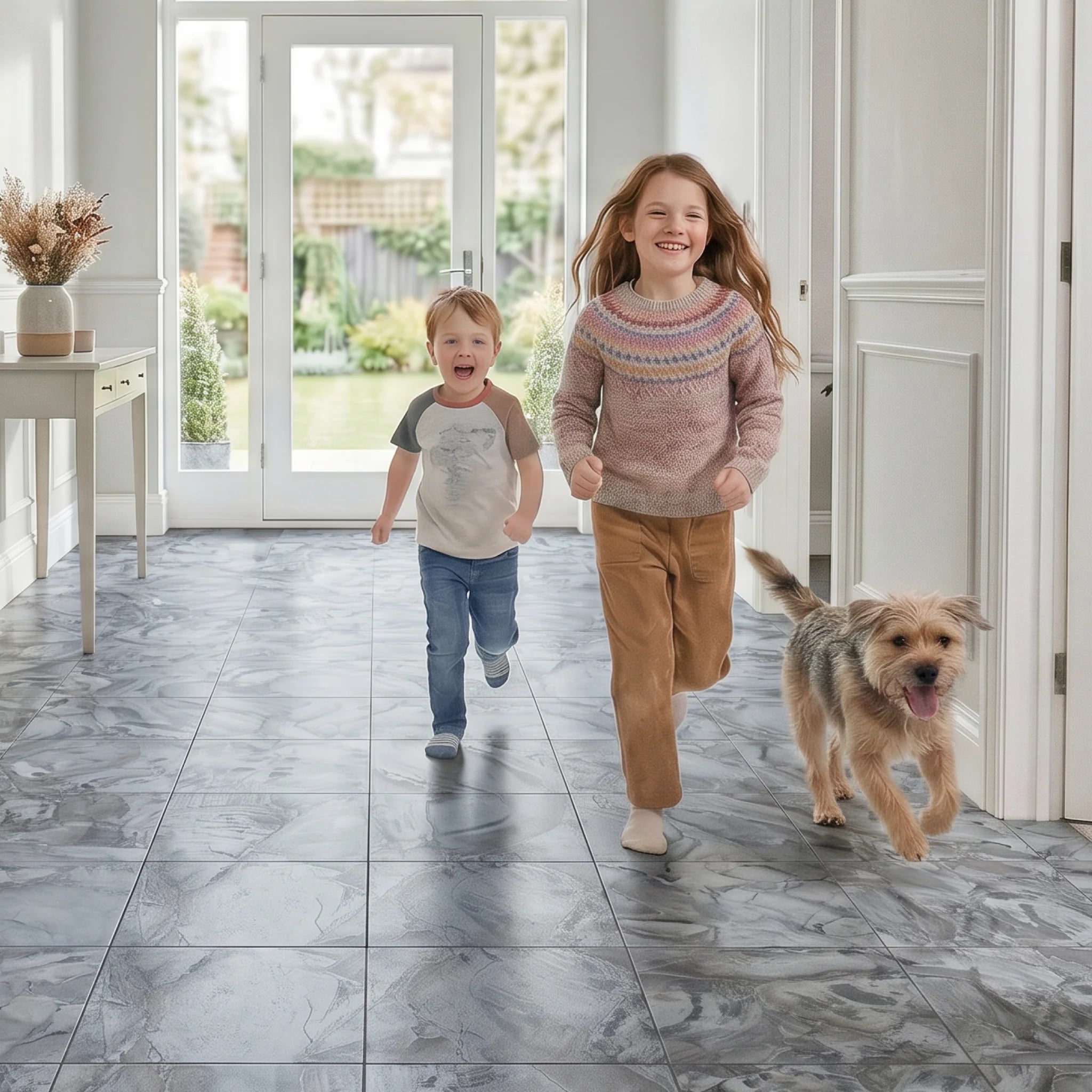 Wear resistant vinyl tiles hallway
