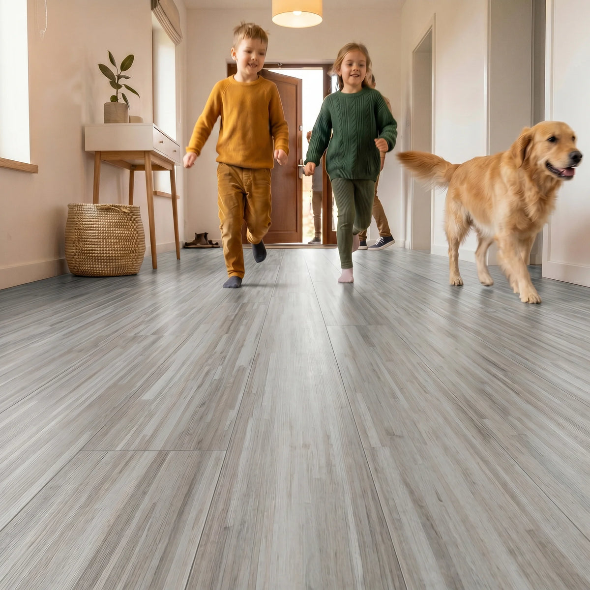 Family walking on vinyl flooring