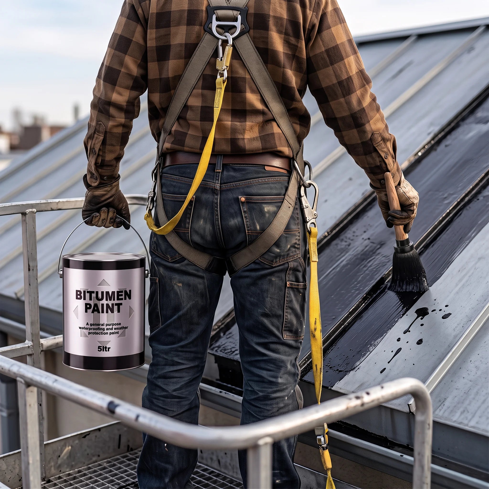 Roofer Applying Black Bitumen Paint Outdoors