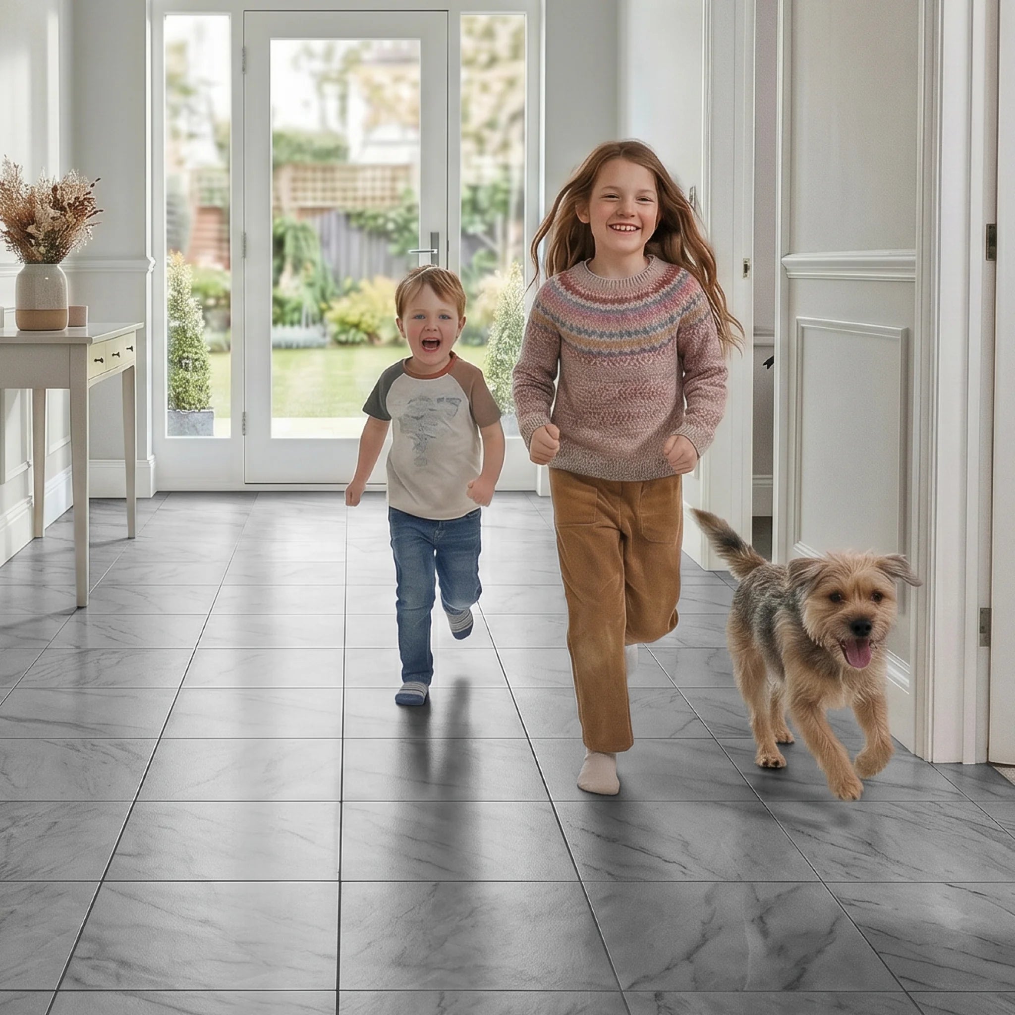 Wear resistant vinyl tiles hallway