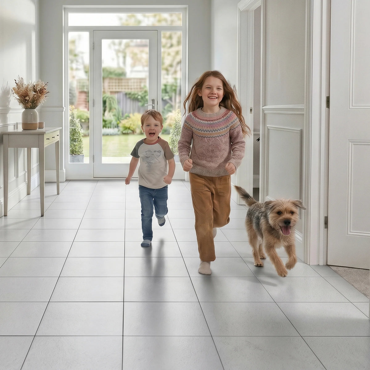 Pet friendly vinyl floor tiles hallway scene