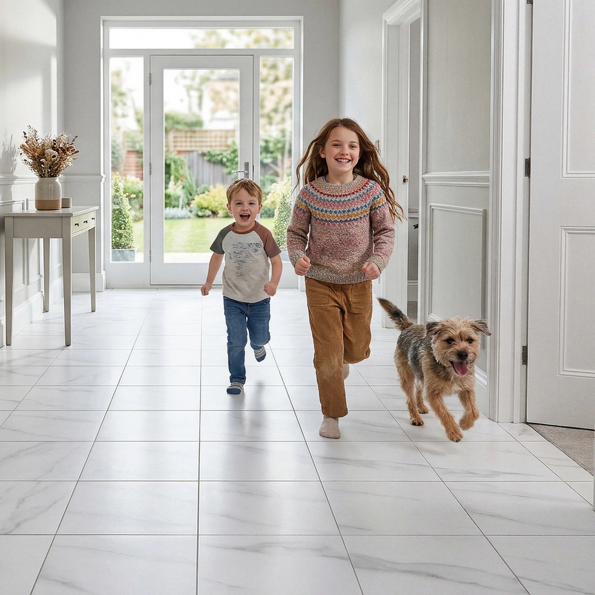 Wear resistant vinyl tiles hallway