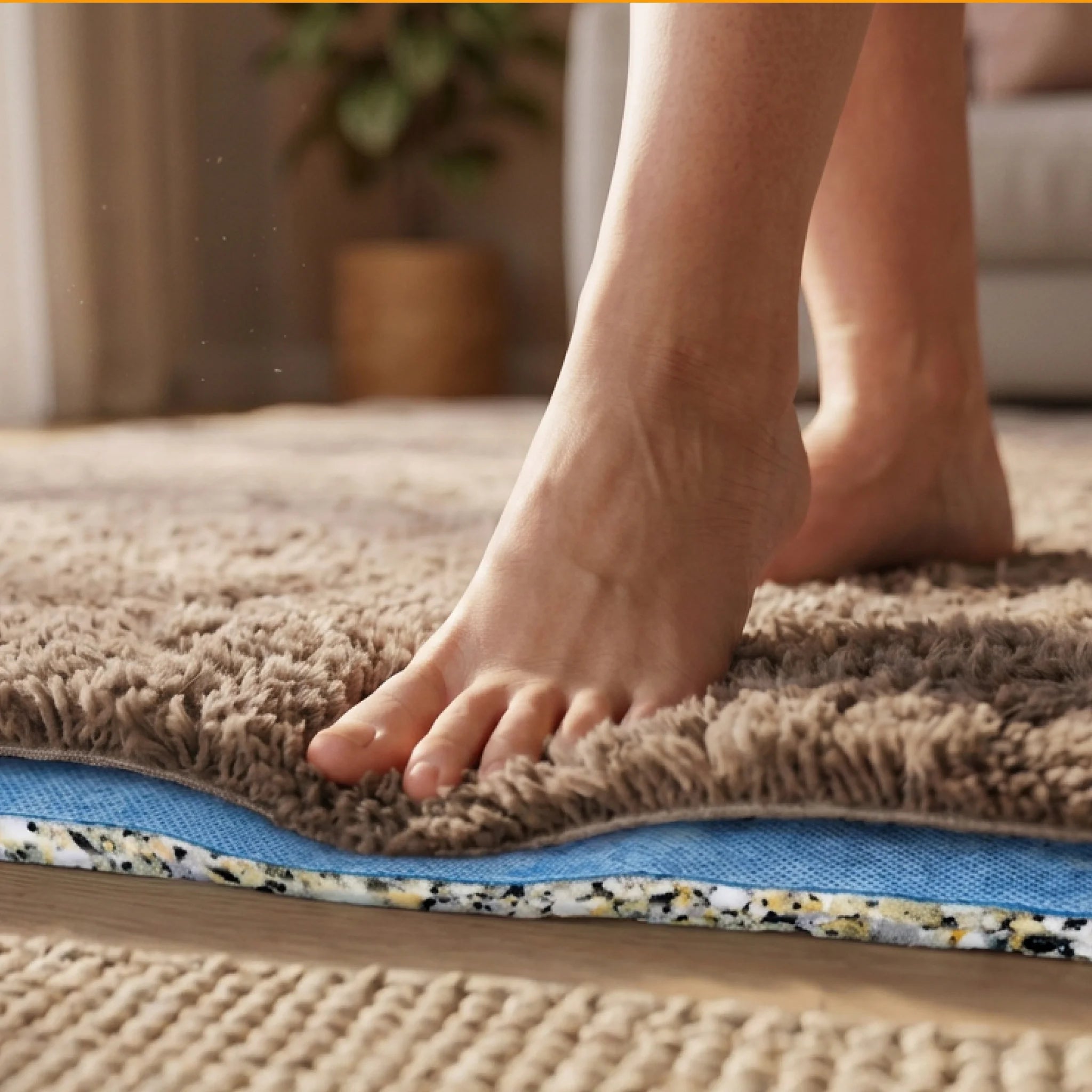 Bare feet on carpet with foam underlay layer