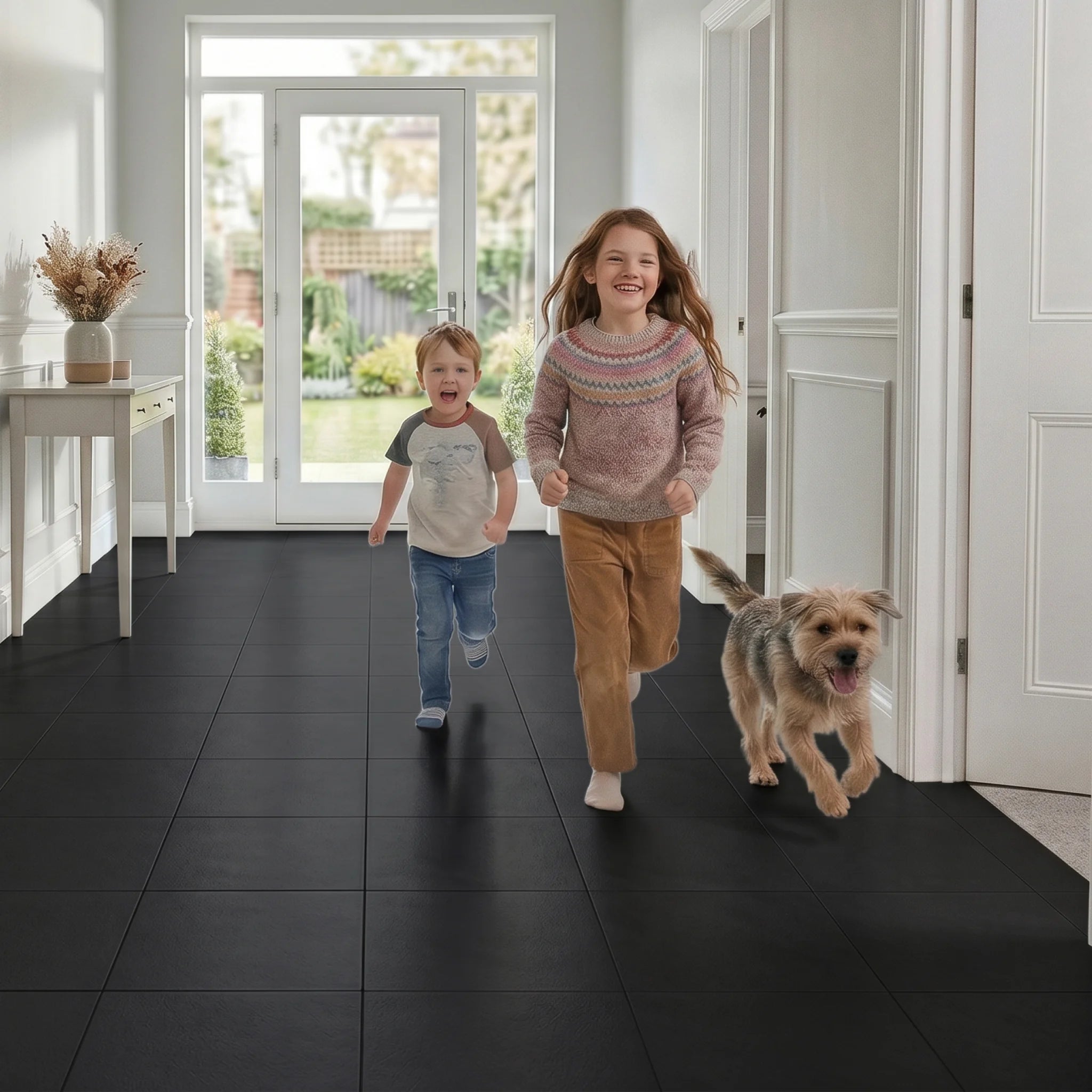 Pet friendly vinyl floor tiles hallway scene