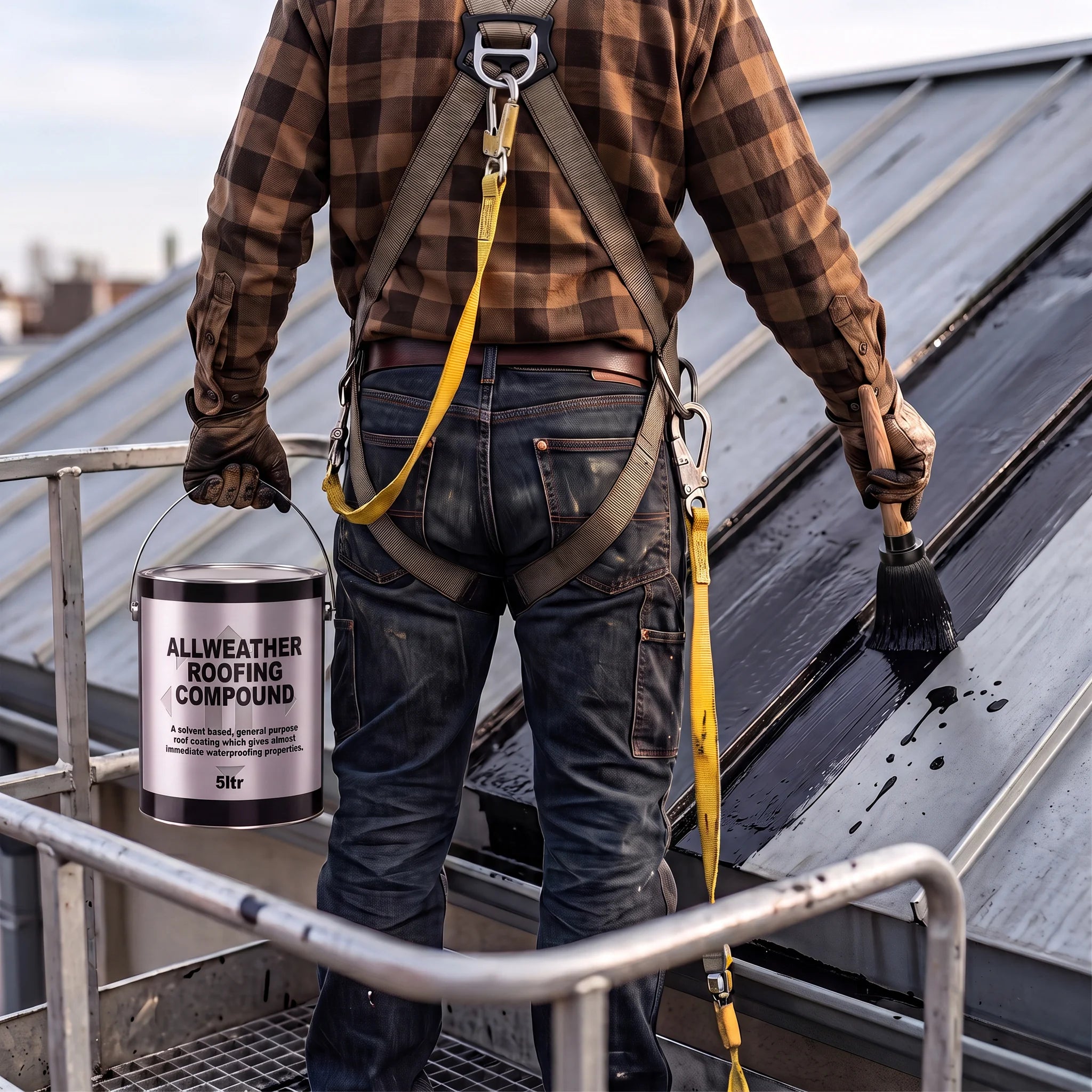 Roofer Applying Waterproof Roofing Compound Outdoors