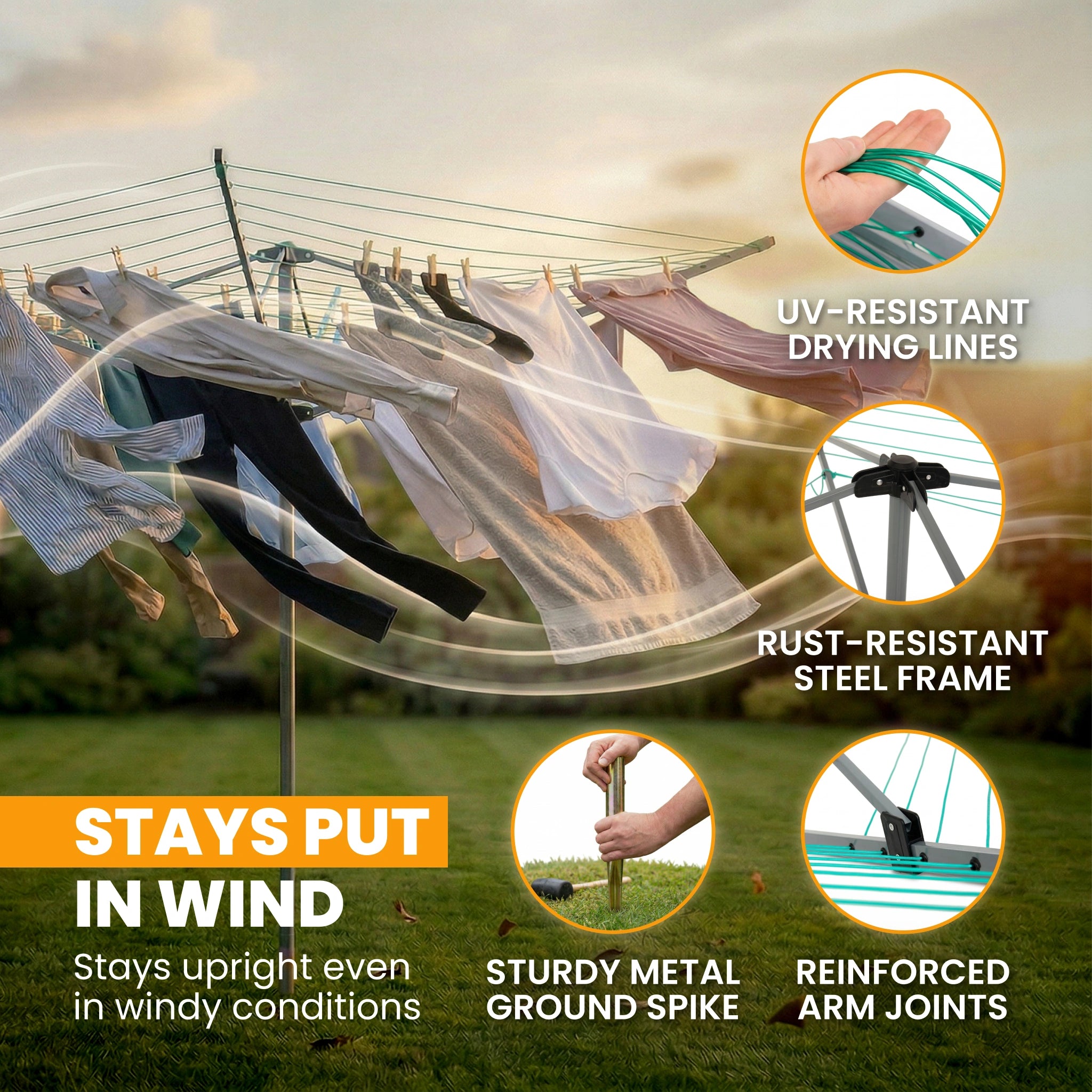outdoor rotary clothes airer stable in windy weather