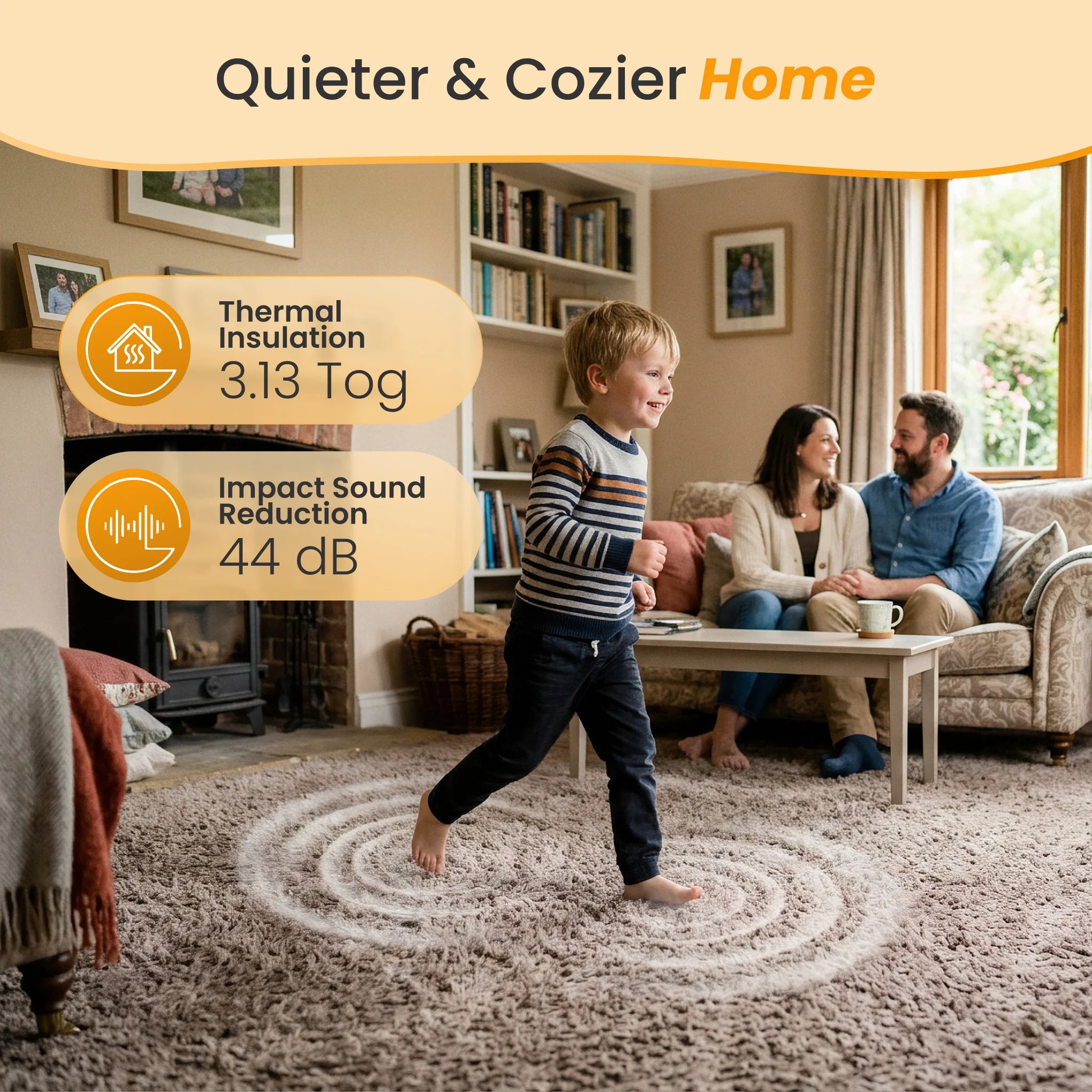 Child running on carpet with thermal underlay