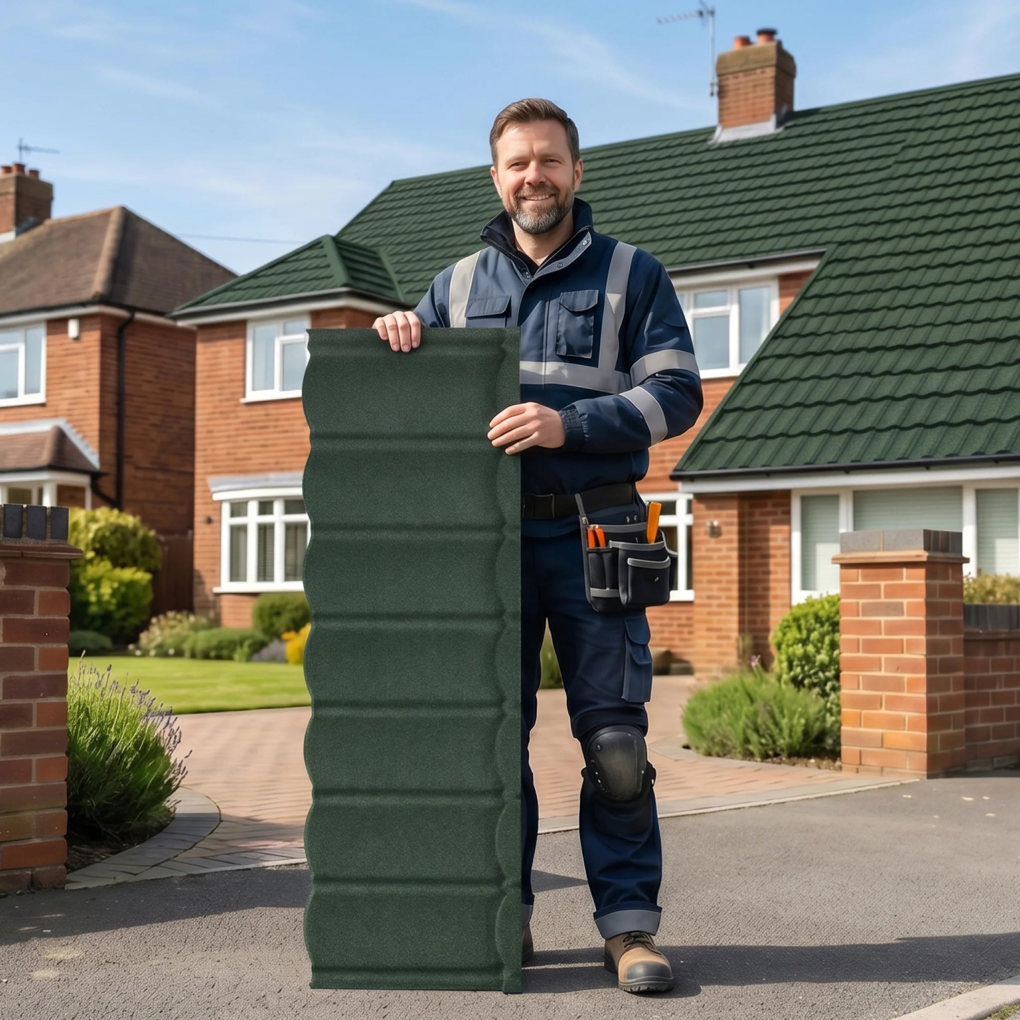 Roofer holding green metal roof shingle