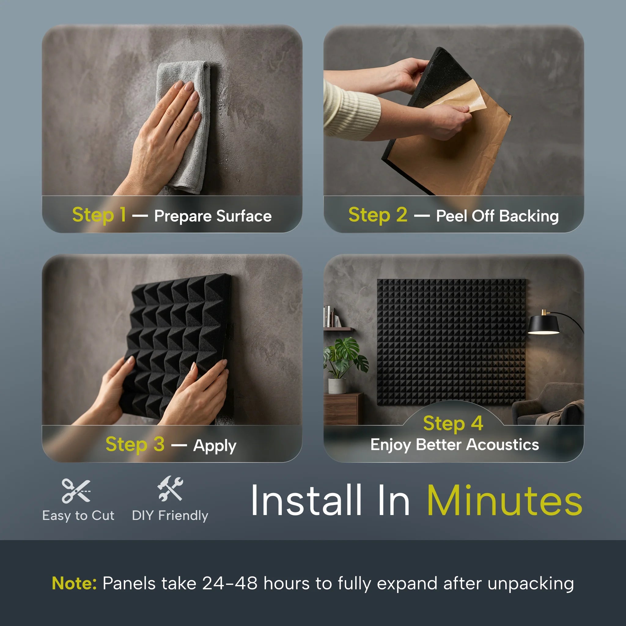 Four steps to apply sound proofing panels