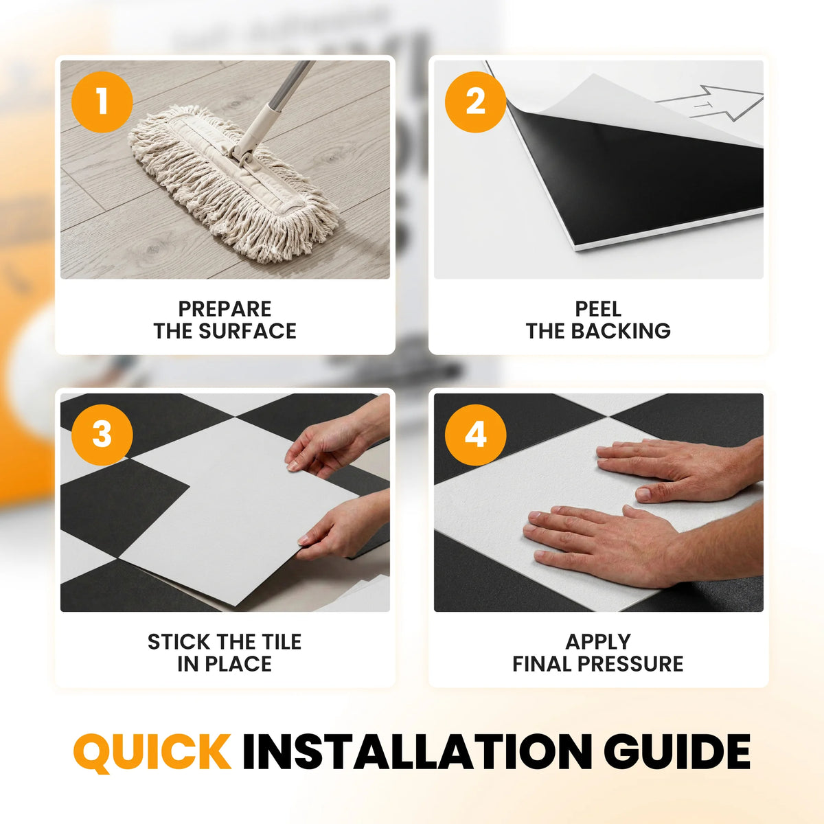Four step self adhesive tile installation