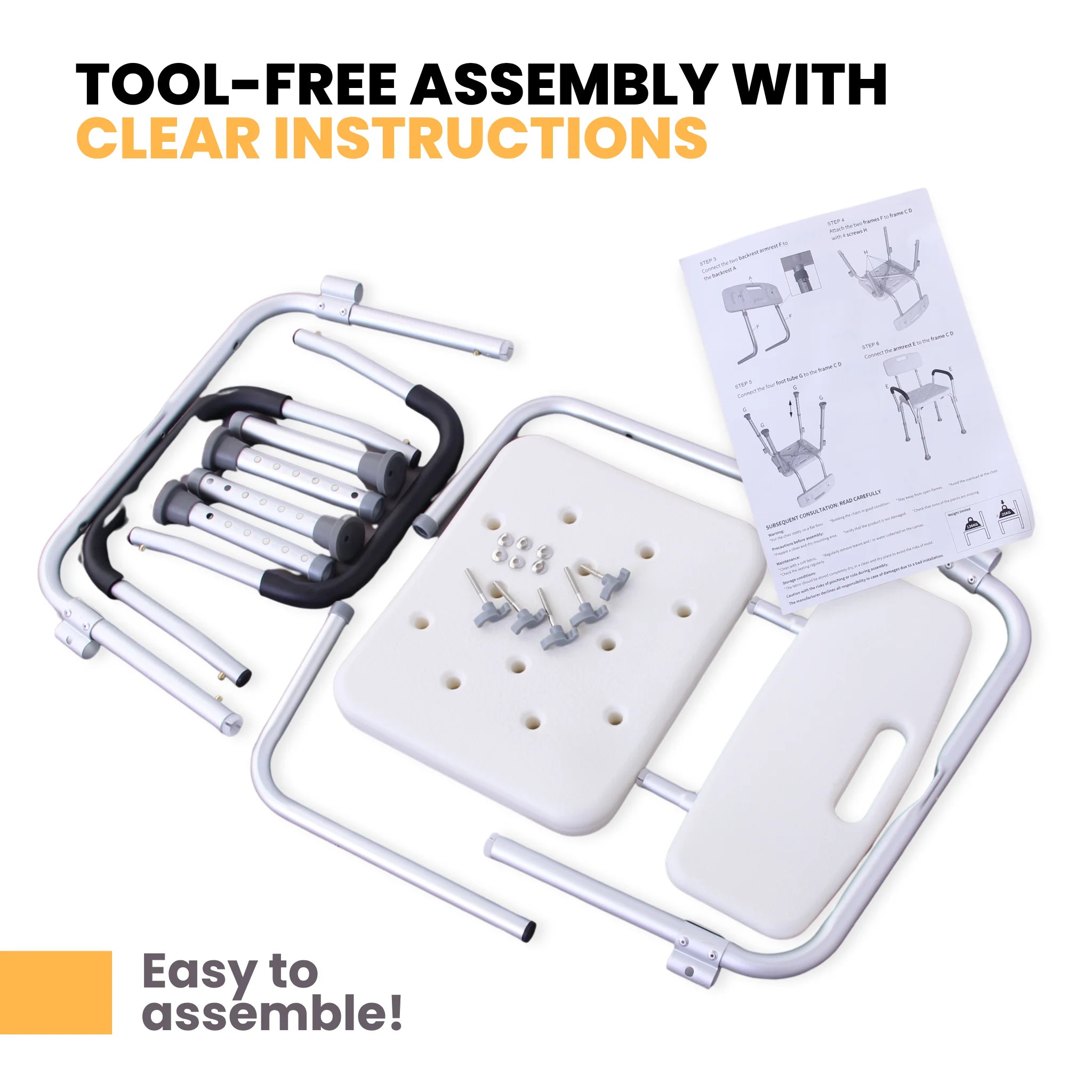Tool-free shower chair assembly with instructions