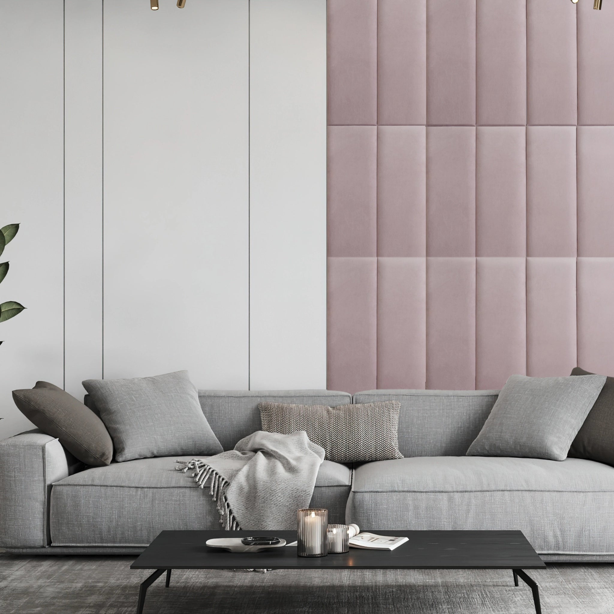 Living room with pink upholstered wall panels and modern decor