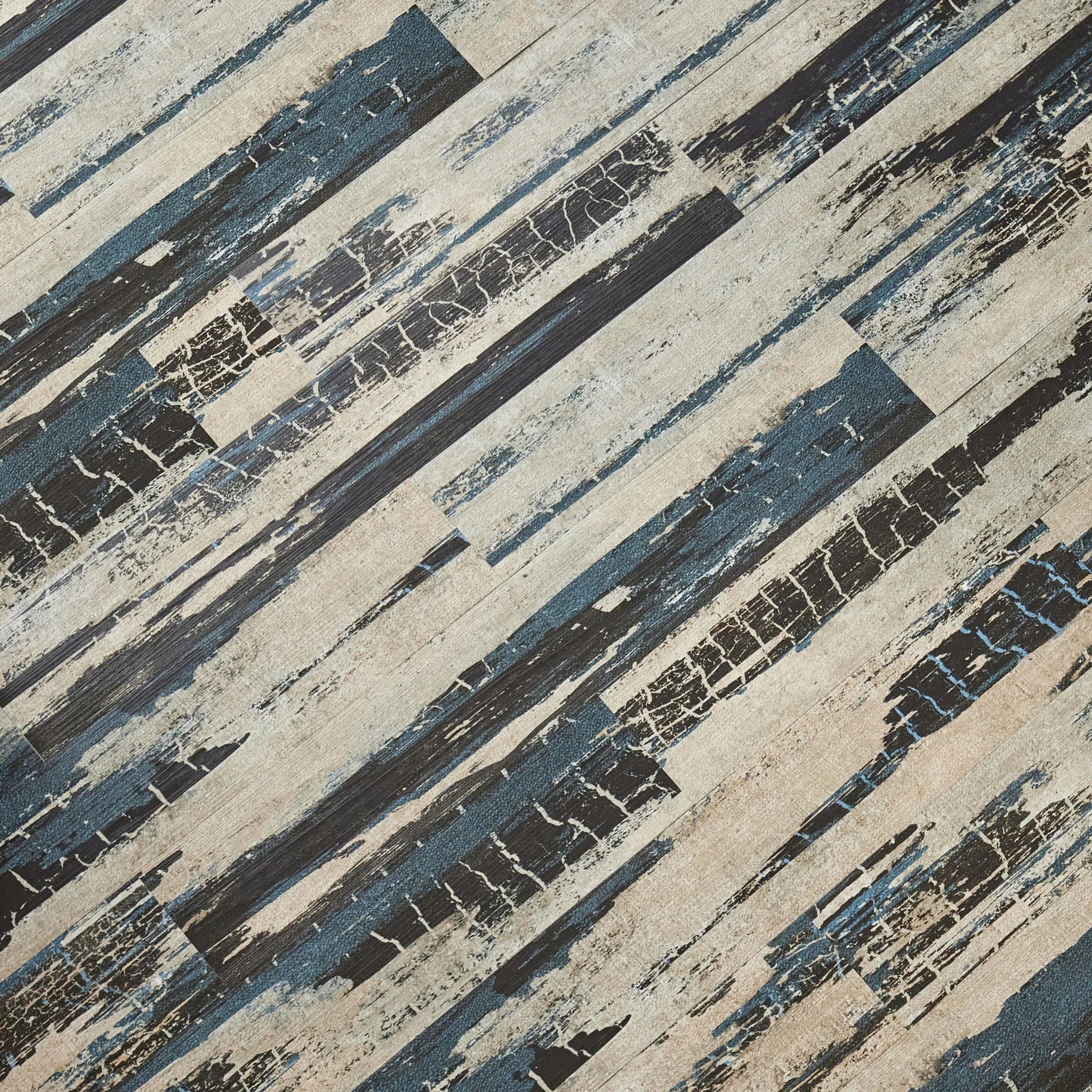 close-up of a wood-effect vinyl plank distressed woodgrain