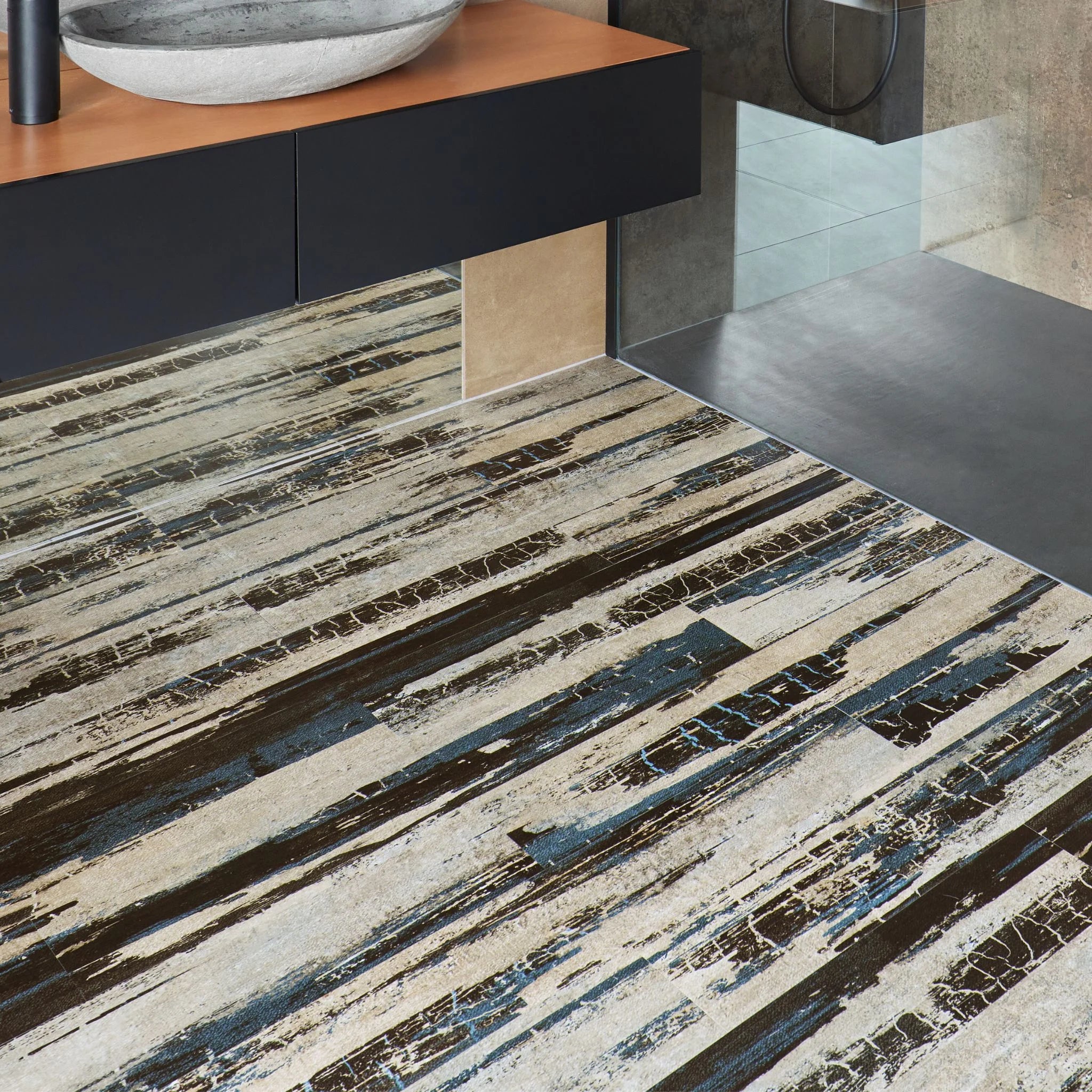 Contrast vinyl wooden flooring in a modern bathroom setting