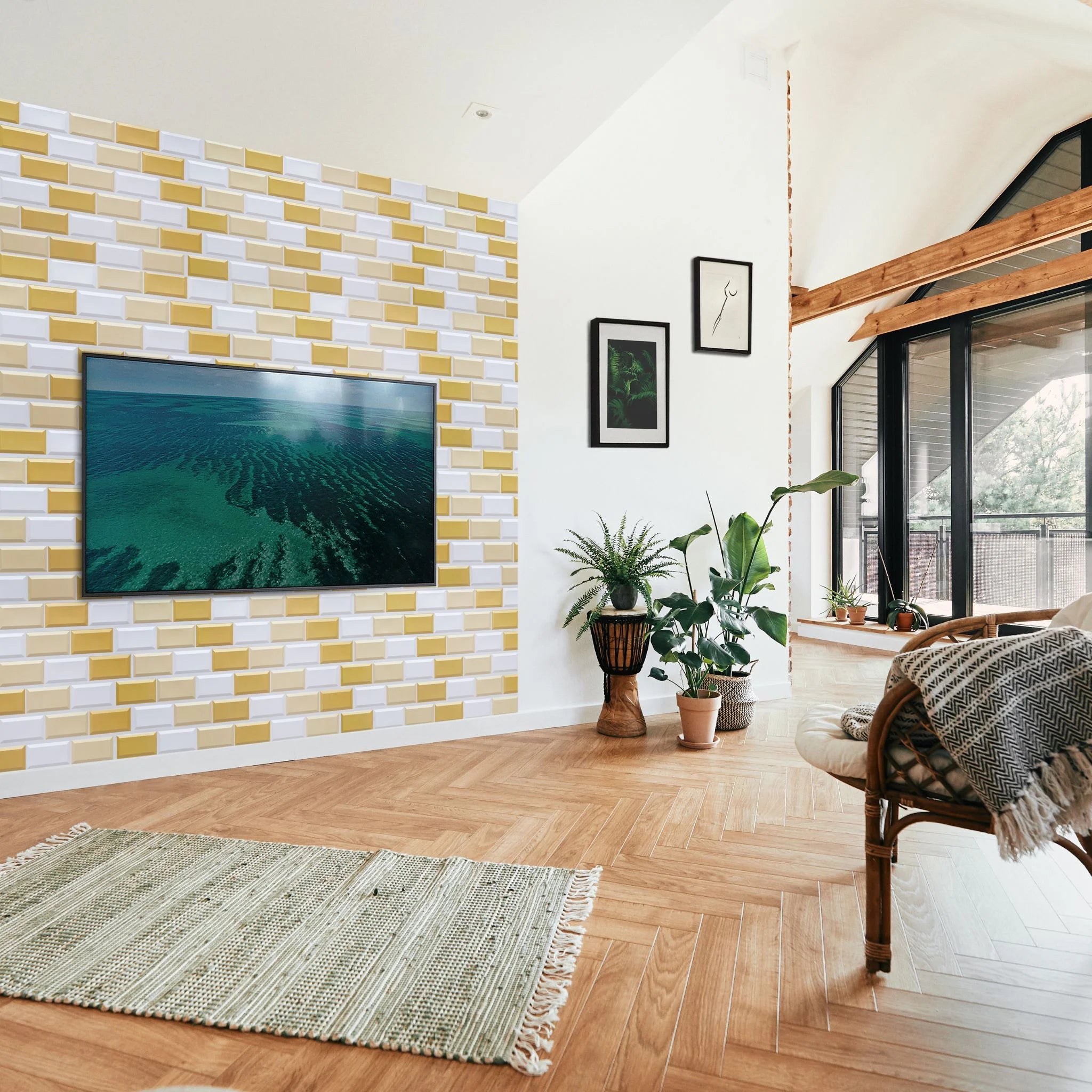 Modern living room with mix of white, gold, beige wall panel featuring geometric patterns