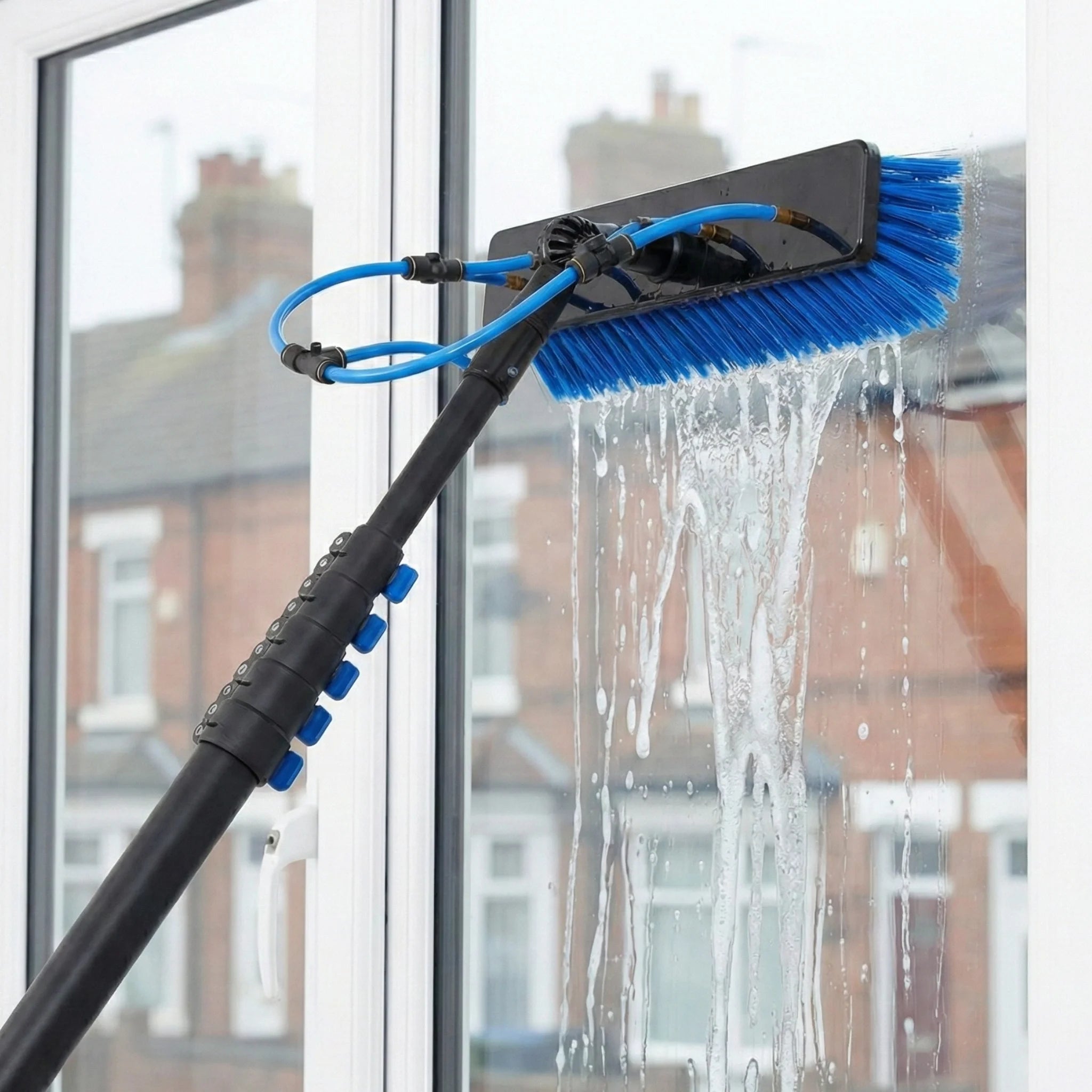 Telescopic water fed brush cleaning exterior windows