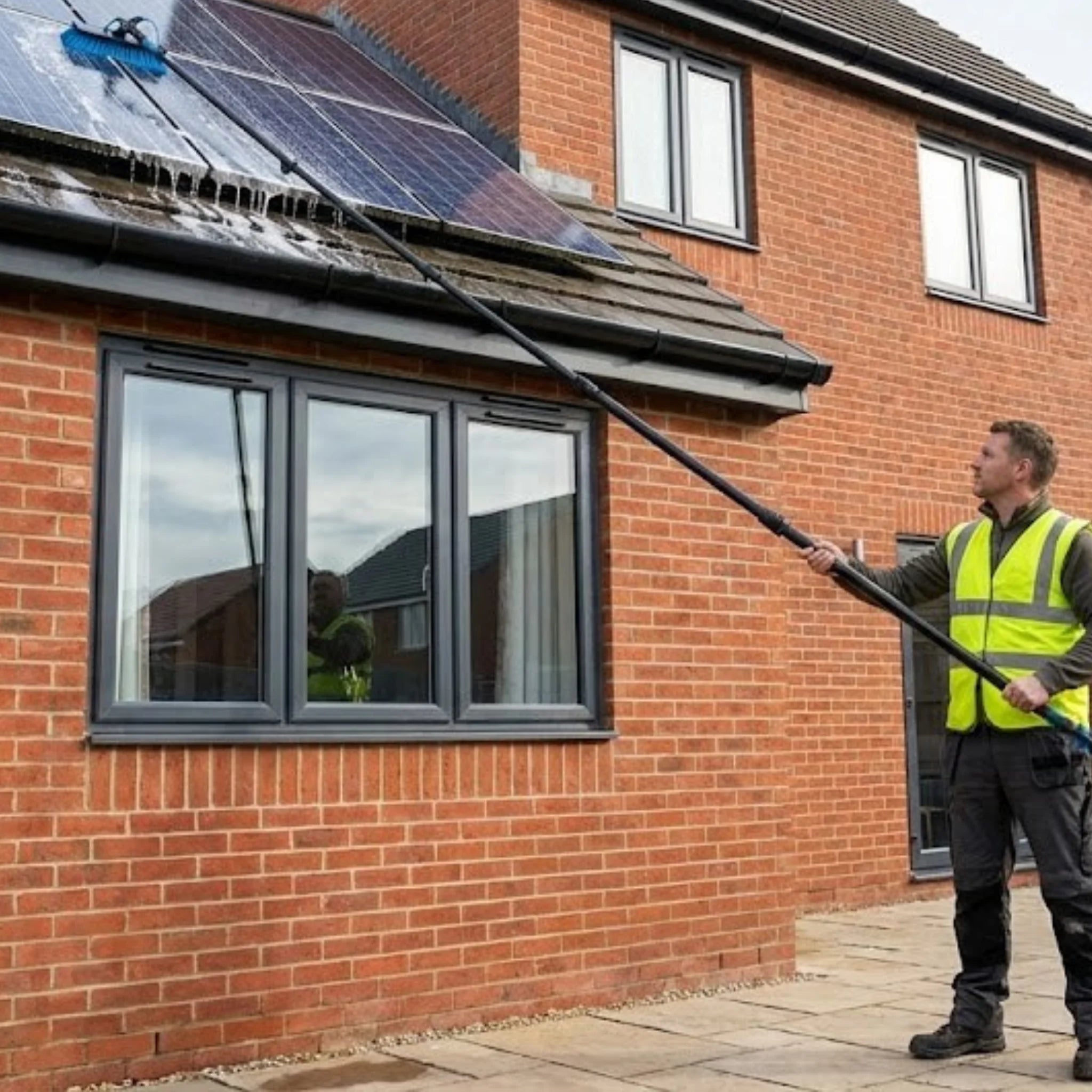 Man using telescopic water fed brush to clean solar panels