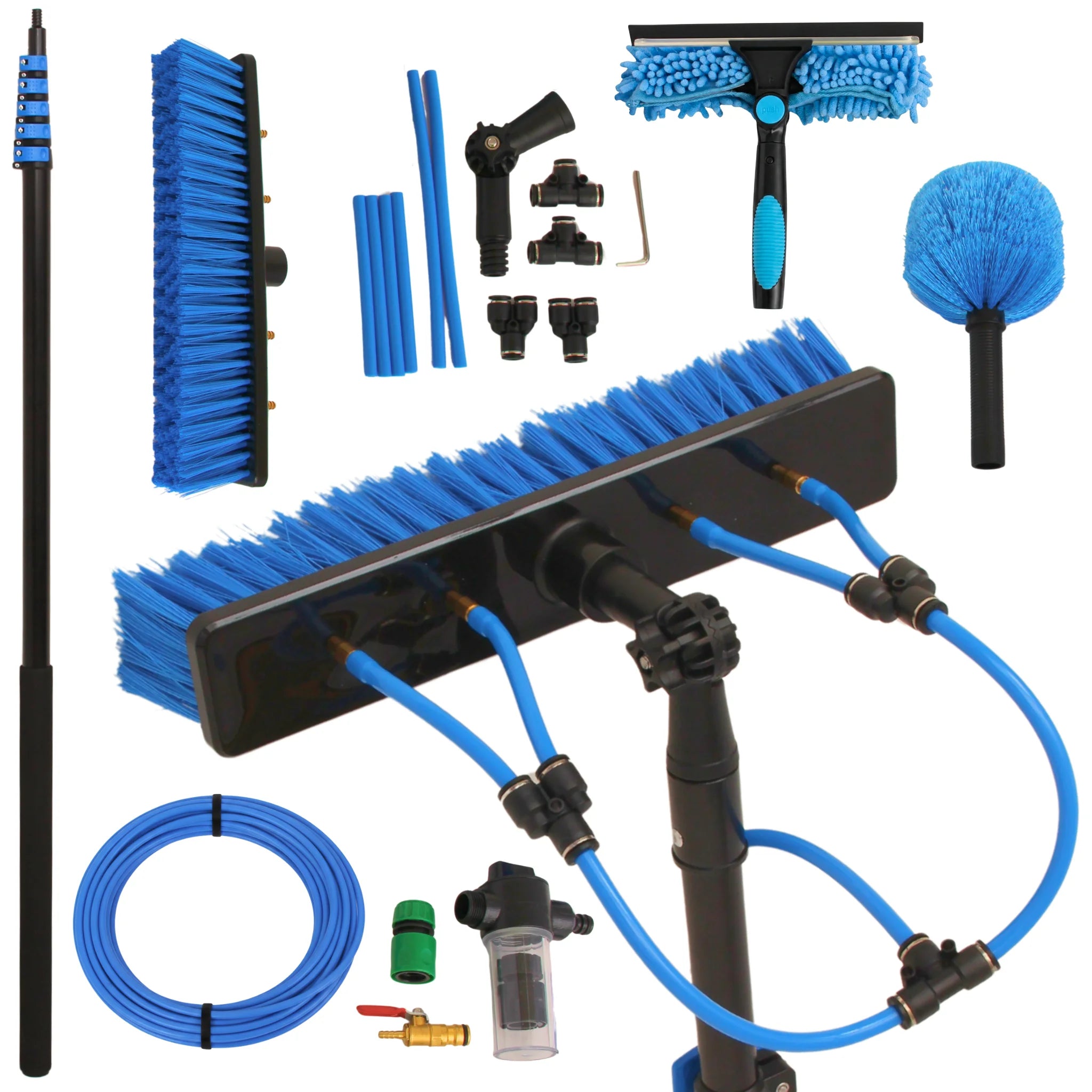 Telescopic window cleaner kit with brush and hose